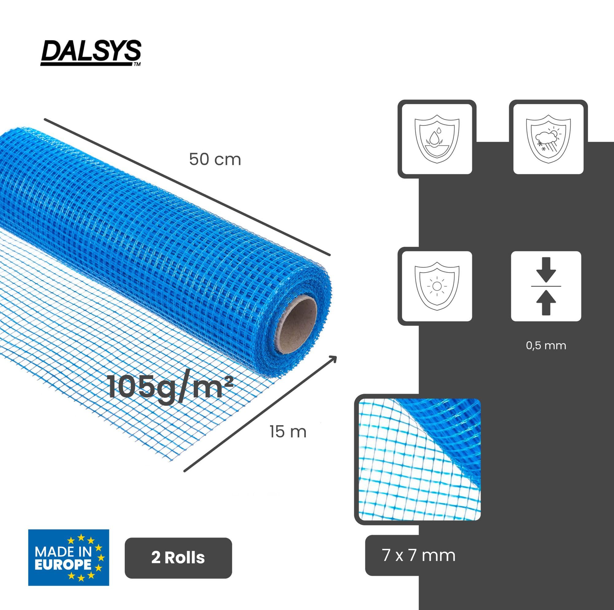 Armierungsgewebe 105g/m², 7x7mm 15m² (15m x 50cm, 2 Rollen) Glasfasergewebe für Innen- und Außenputz, Universal