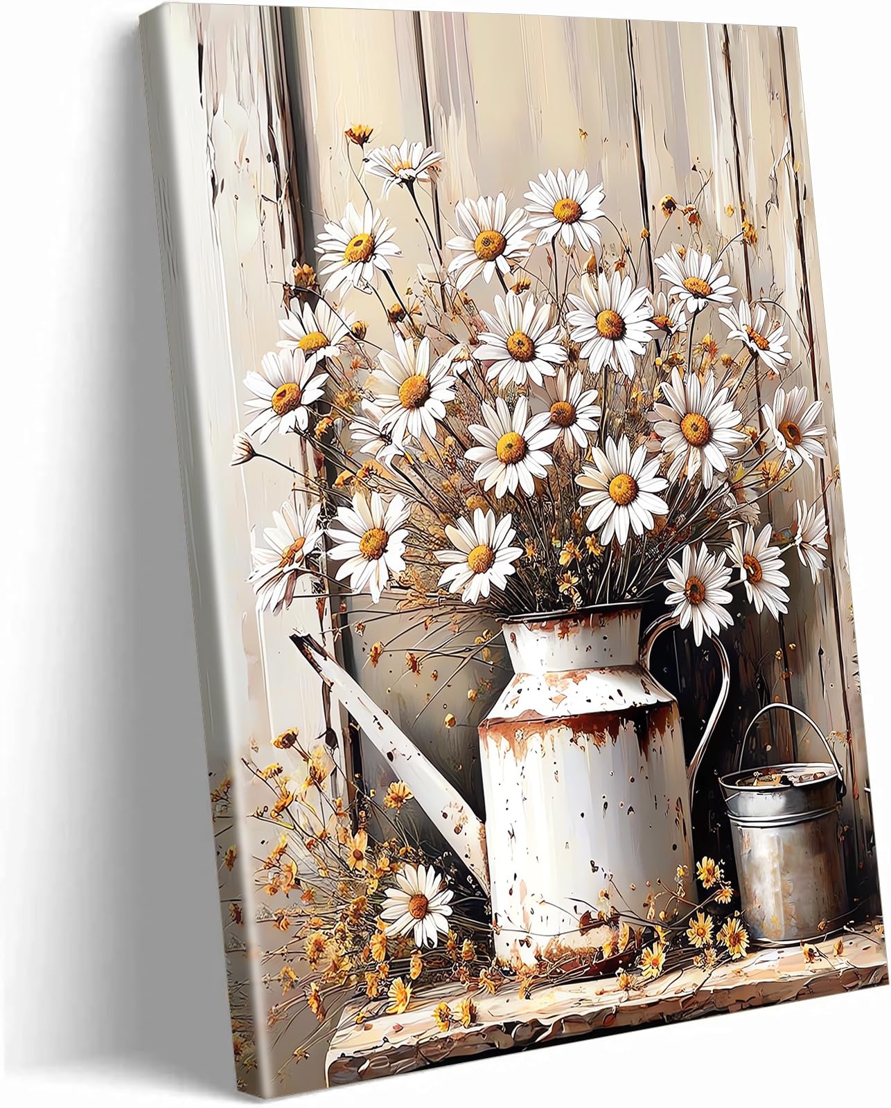 Framed Country Farmhouse Floral Daisy Canvas Wall Art Vintage Still Life Wood Grain Daisy Wall Decor Country Plant Art Picture for Hallway Bathroom