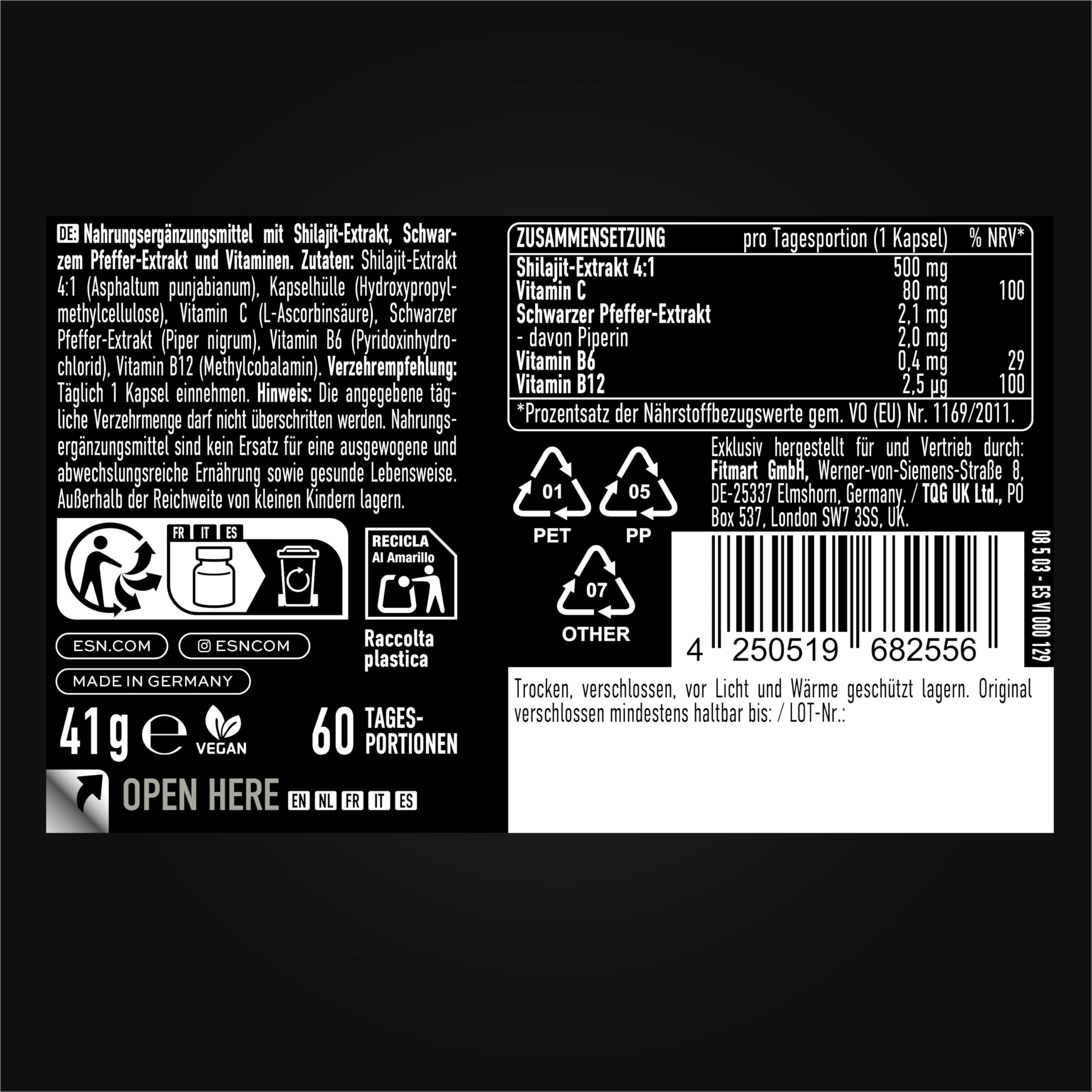 ESN Shilajit+, 60 vegane Kapseln, hochdosiert mit 2000 mg Shilajit aus Extrakt, mit Vitaminen und Piperin
