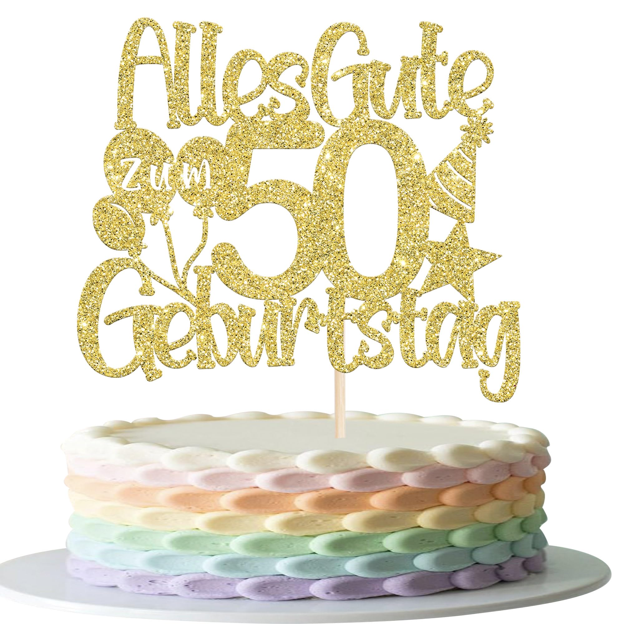 1 Stück 50th Geburtstag Kuchen Deko Alles Gute zum 50 Geburtstag Tortendeko Luftballon Hut Muster Cake Topper für 50th Jahrestag Party Kuchen Dekoration Gold Gold
