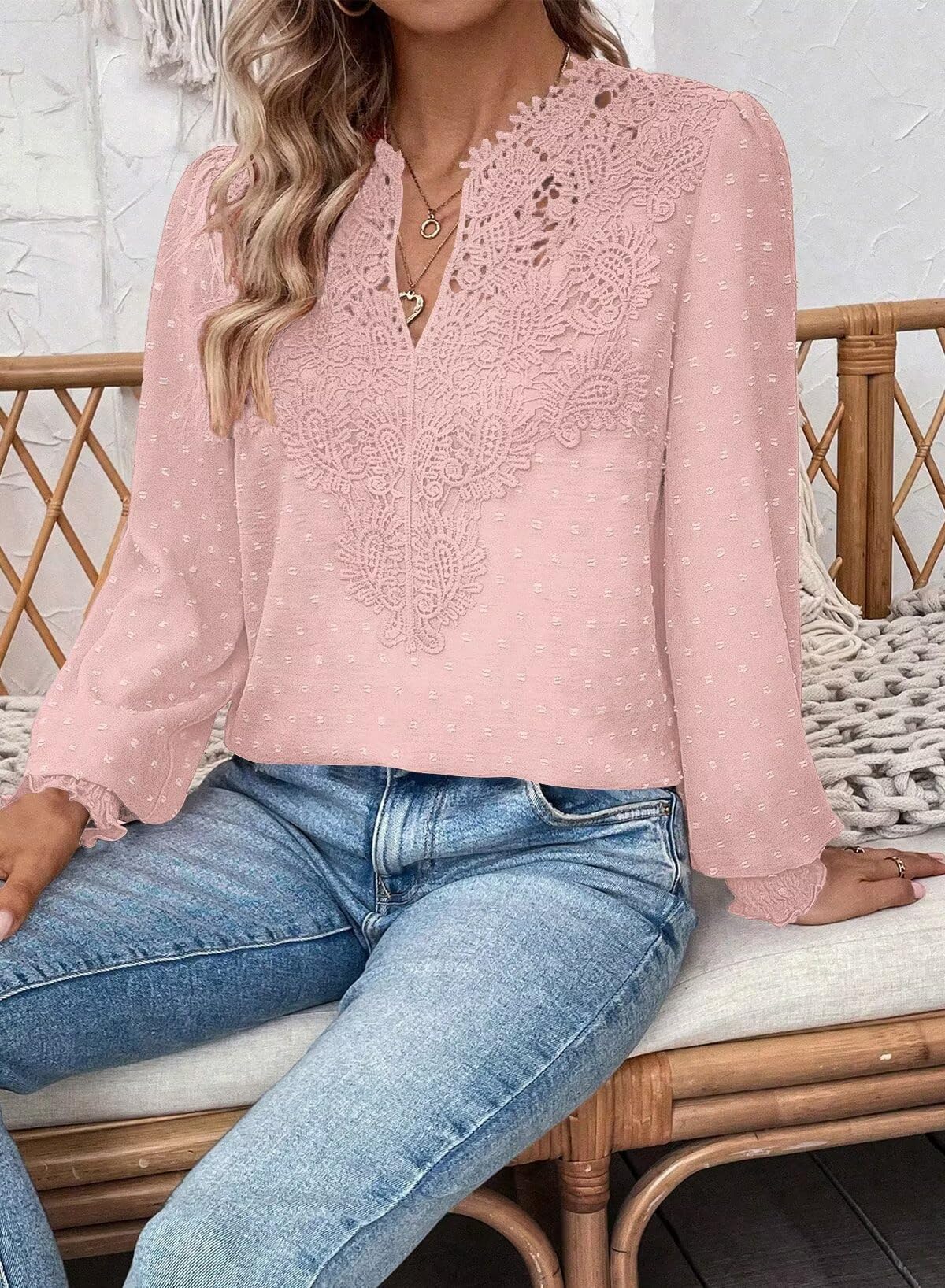 Elegancka Koszulka Damska Długim Rękawem Koszulki Dekoltem W Serek Jesień Boho Casual Falbany Koszula Odzież Top
