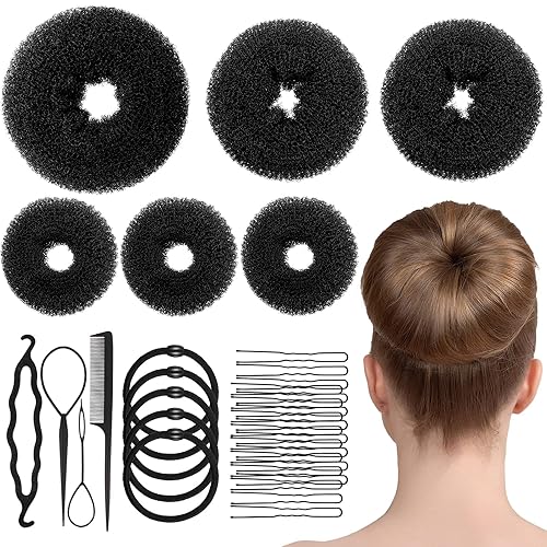 Juego de 6 piezas para hacer moños de pelo, dona estilo anillo (1 L, 2 M y 3 S), moldeador de moño, accesorios para el cabello con 20 horquillas