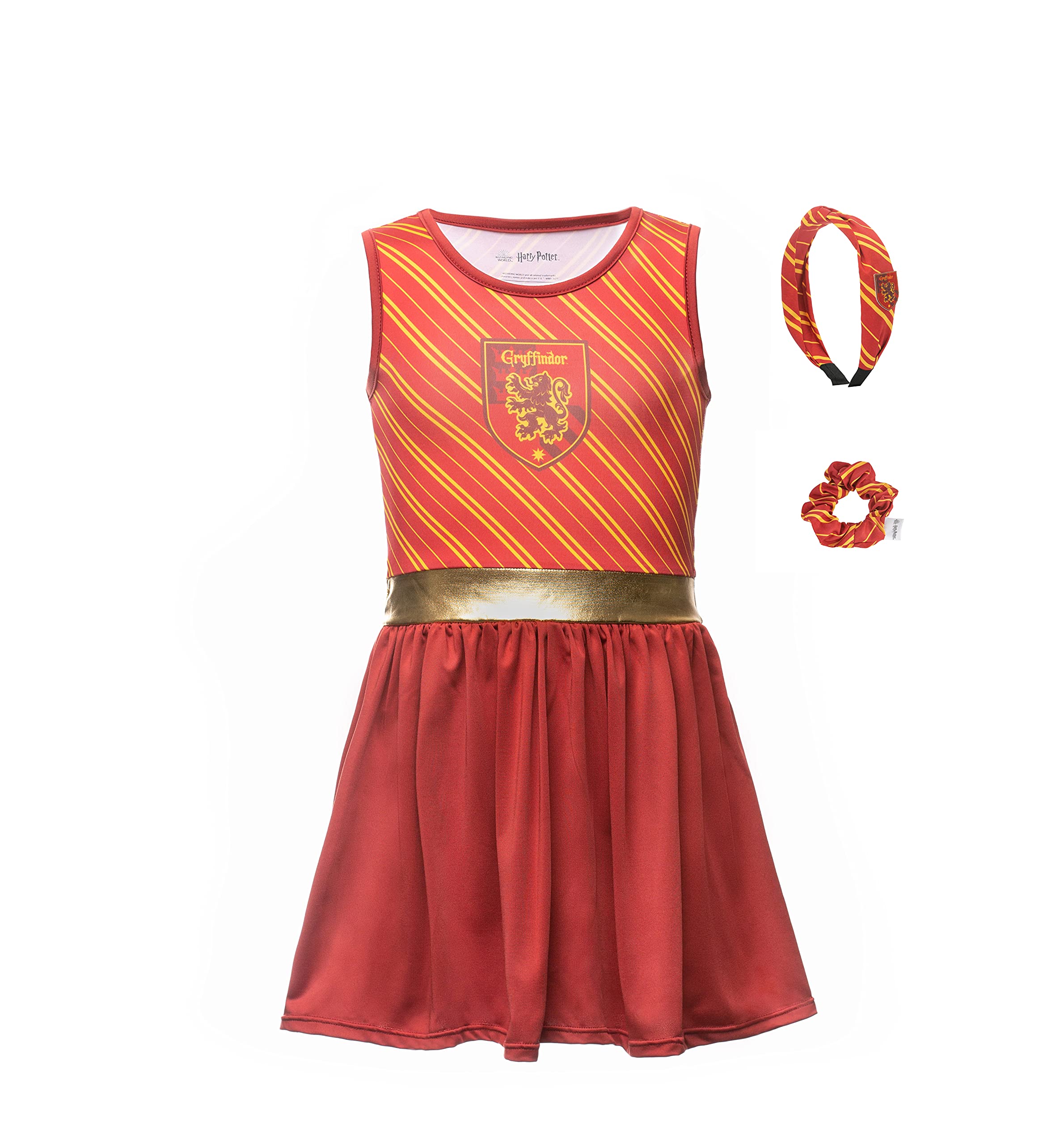 Harry Potter Dress and Hair Accessories, Gryffindor Girls Summer Dress, Hogwarts Dress, Gryffindor Hair Accessories Scrunchie & Hairband Size 10 Years Multicolor