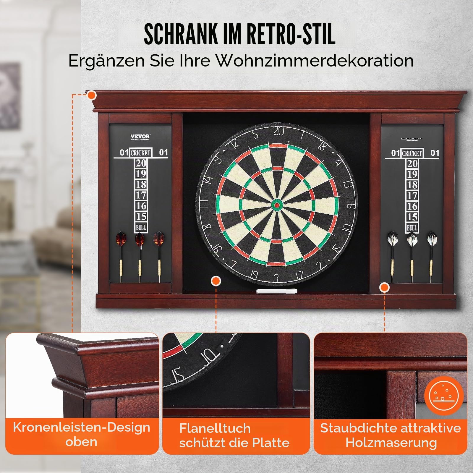 VEVOR Dartboard spielbereites Paket, Dartboard-Schrankset in offizieller Größe, Dartscheibe 45 x 3,8 cm, Dartschrank mit Stahlspitze, komplett mit sämtlichem Zubehör, für Cricket-Spiele