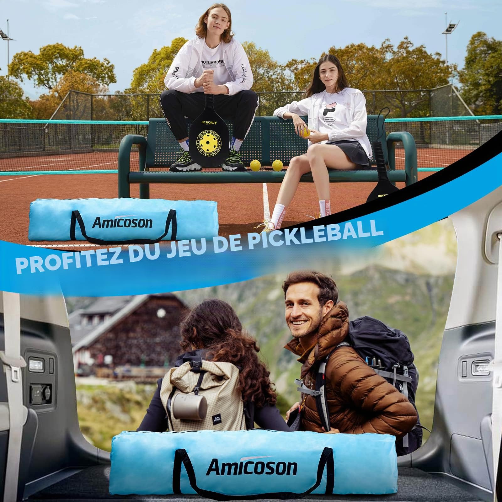 Amicoson Filet de Pickleball Set, 22FT Filet de Pickleball en bois pour l'extérieur avec 4 raquettes de en bois, 8 balles, 1 sac de transport, 1 sac à dos, 2 rouleaux de ruban