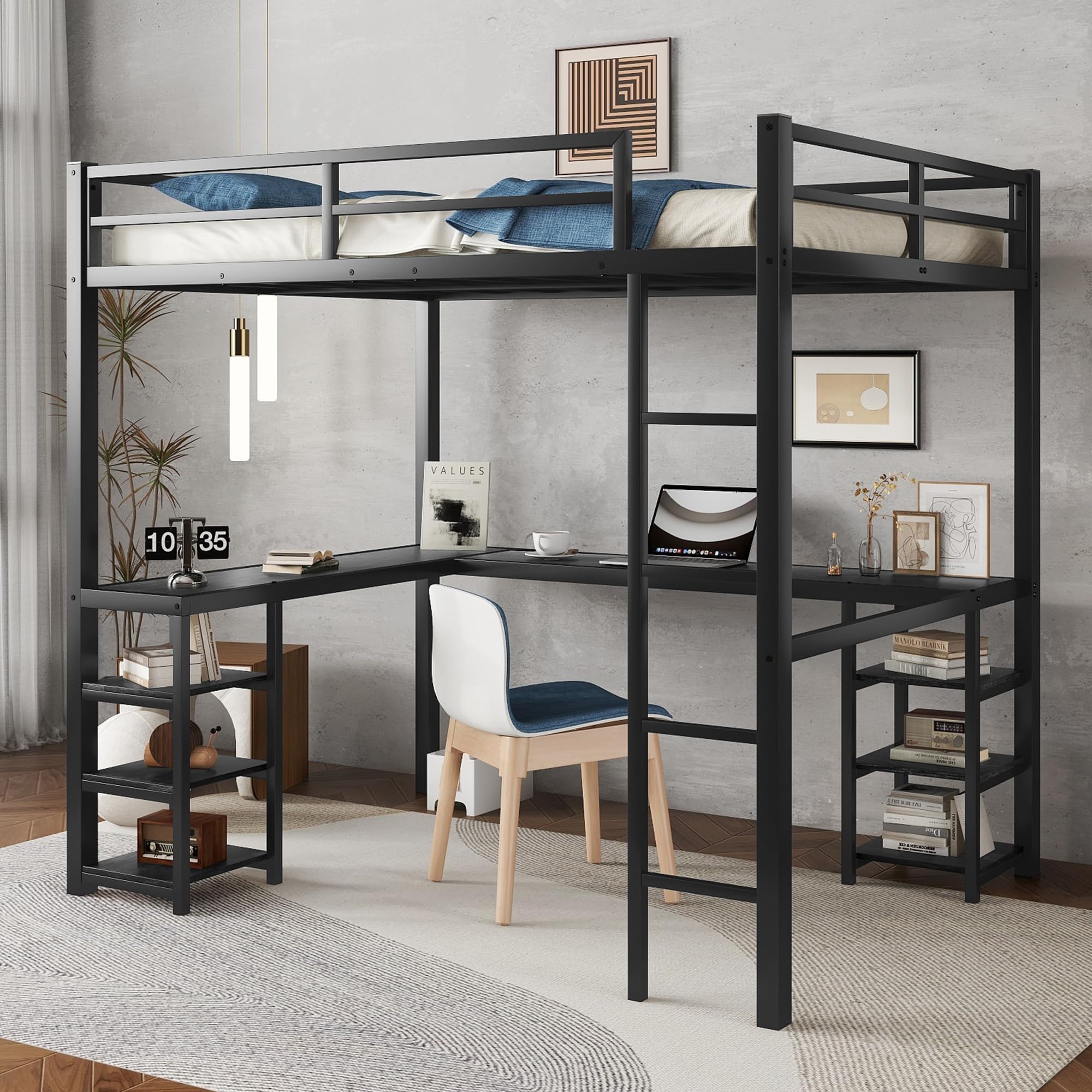 YOPTO Full Size Metal Loft Bed with Desk and Shelves,Loft-Beds W/Ladder and Safety Guardrails,Space Saving,Easy Assembly,Loft Bed Frame for Kids Teens