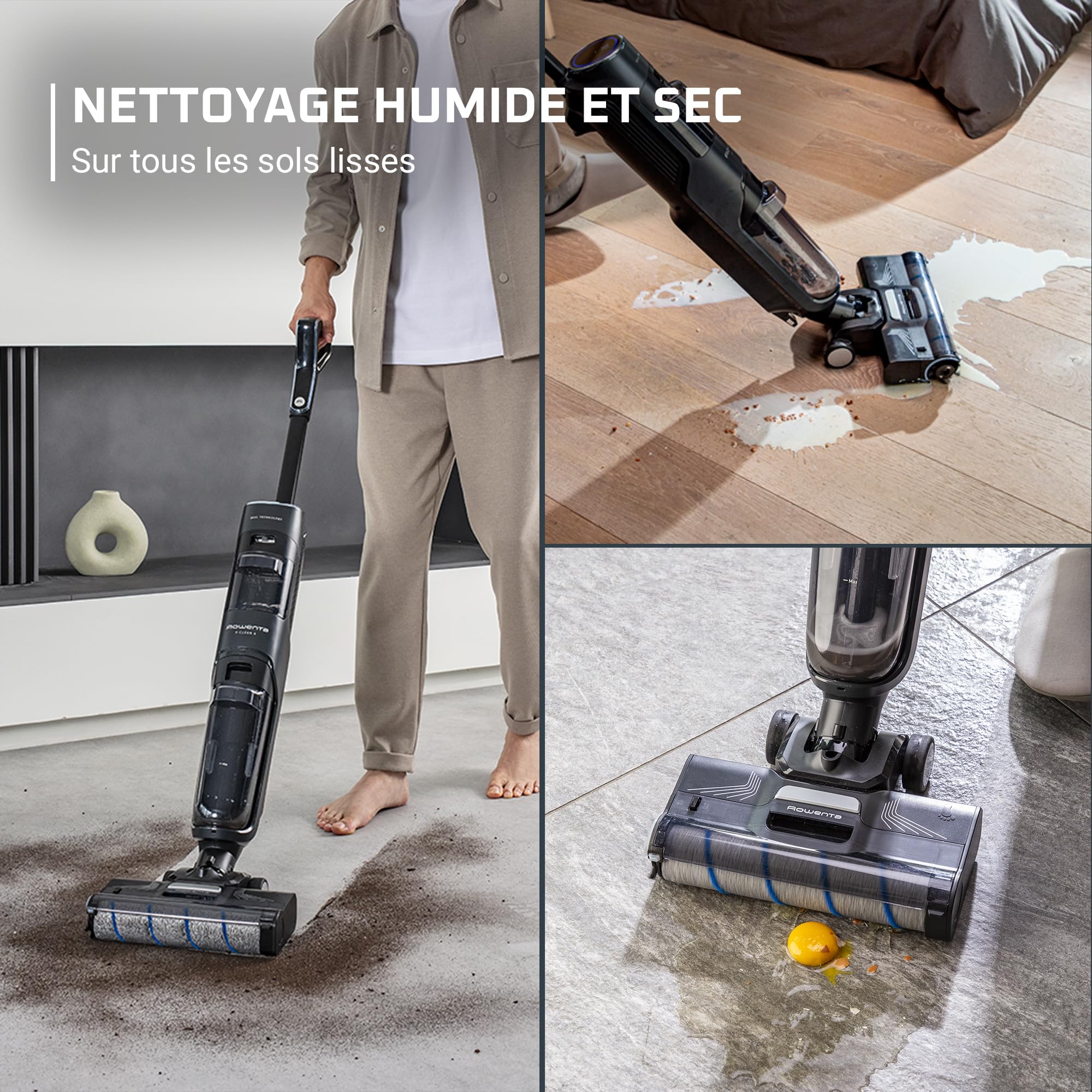 Rowenta X-Clean 4 Aspirateur Balai Laveur sans Fil, Aspiration et Lavage Puissant, Intelligent, Autonomie 50min, Autonettoyage GZ5036WO, Gris