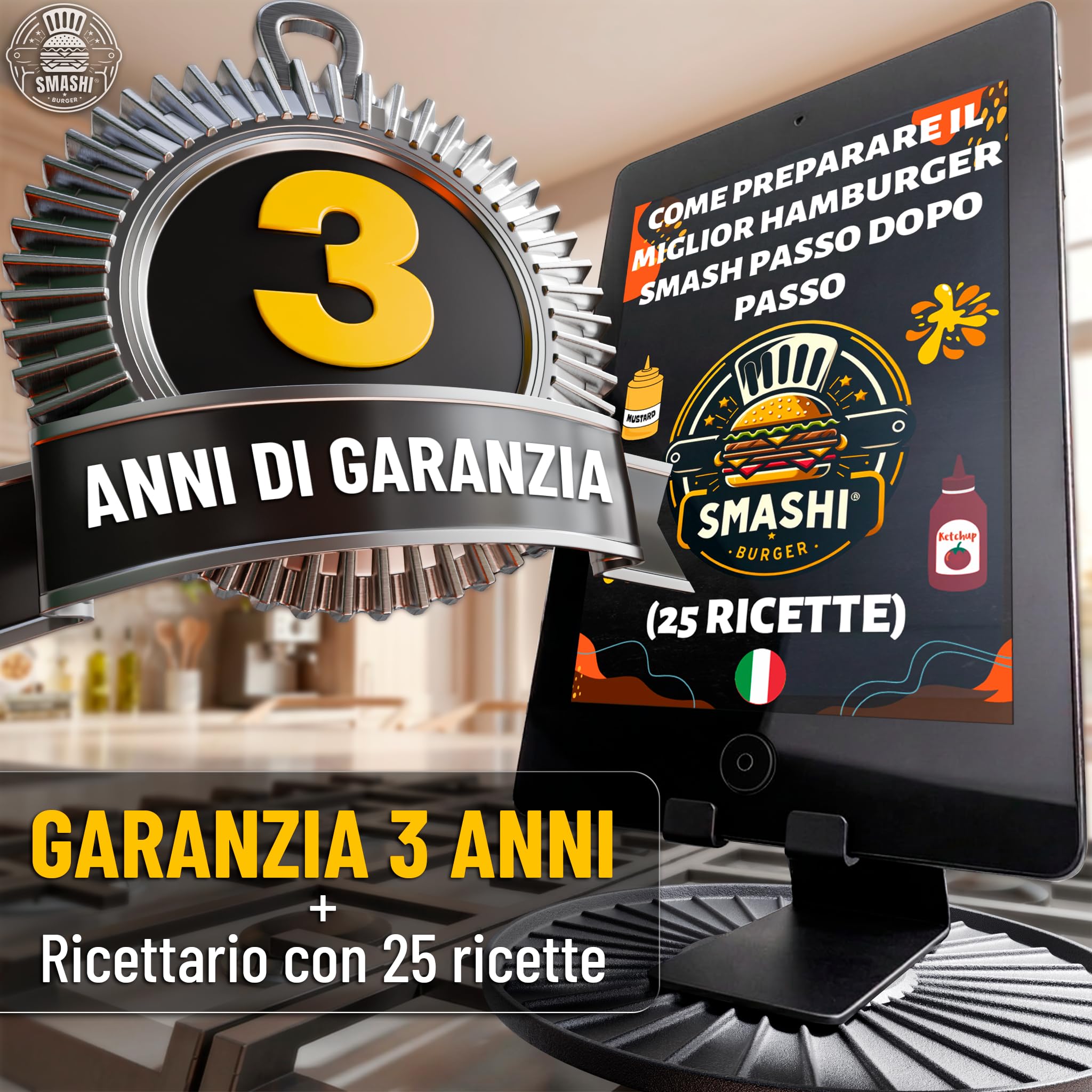 SMASHI® Kit Smash Burger Professionale | Pressa Hamburger Acciaio Inox 304 + 2 Spatole + 2 Cupole + 50 Fogli Antiaderenti | Certificato CE | Schiacciatore Hamburger Originale