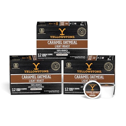 Yellowstone Cápsulas de café K-Cup de avena caramelo, compatibles con Keurig, granos arábica de tostado ligero, paquete de 36 unidades, más opciones