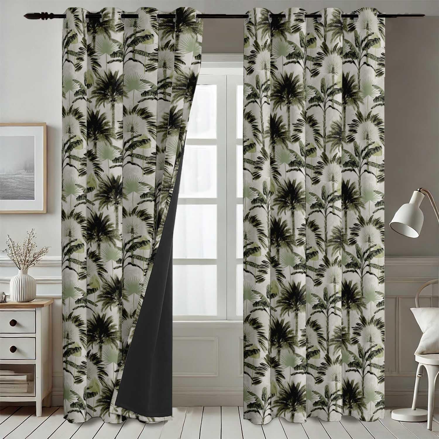 Artistic Palm Tree Design Blackout Curtains - Set of 2 Panels, 42 x 63 Inches Each - Light Blocking & Thermal Insulated Drapes with Grommet Top for Bedroom & Living Room - Green