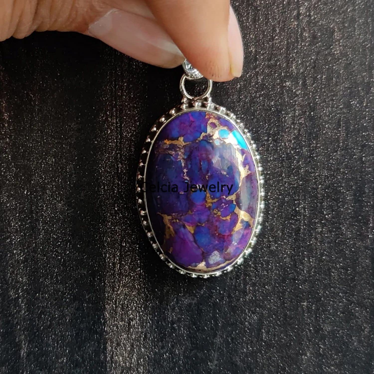 Massiver 925er Sterlingsilber-Anhänger für Damen und Herren, echter lila Kupfer-Türkis-Oval-Edelstein. Erstaunlicher handgefertigter Anhänger für Sie und Ihn