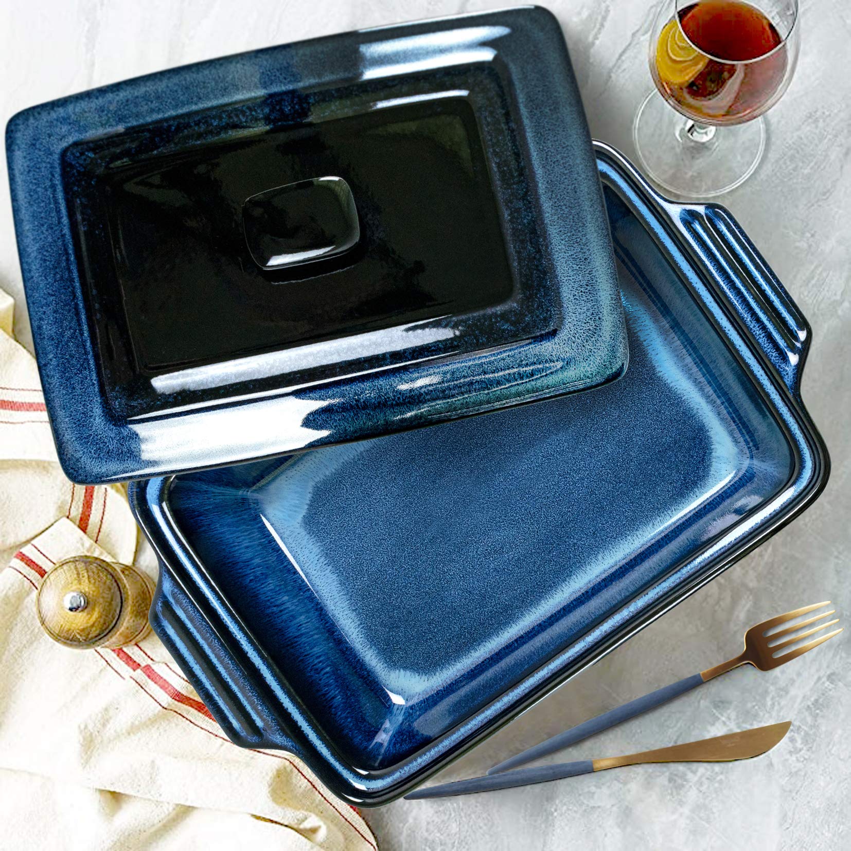 UNICASA Plat à Rôtir Céramique avec Couvercle, Cocotte Rectangulaire Bleu 3000 ML, Moule Passe au Four à Micro-Ondes - Glaçure Réactive, Bleu - 3 L