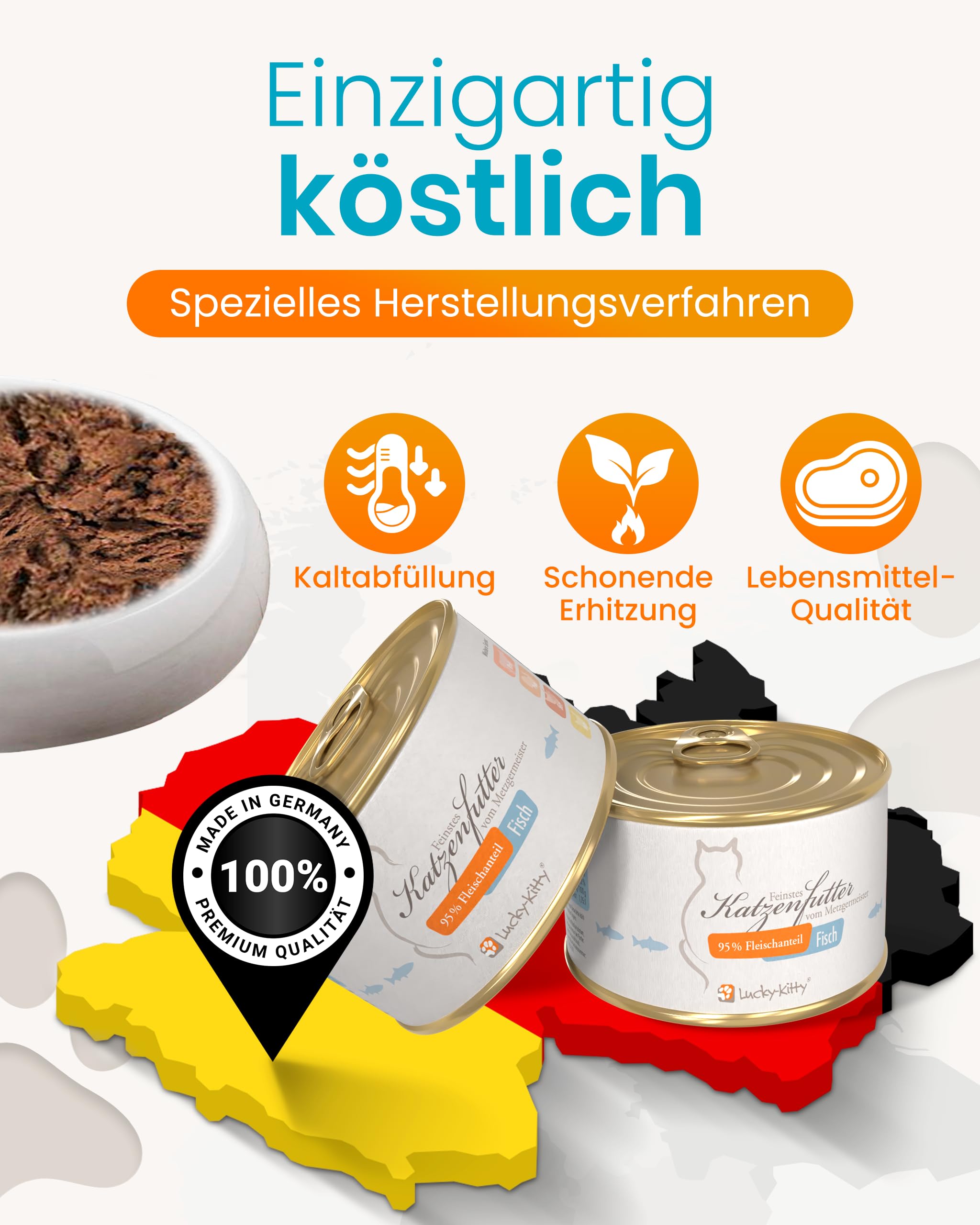 Lucky-Kitty Katzenfutter Nass, 95% ganzer Hering, Monoprotein, 16x200g | Ohne Getreide & Zucker, Lebensmittelqualität, Für Katzen & Kitten, Hering aus der Nordsee, Ohne Zusätze, Made in Germany