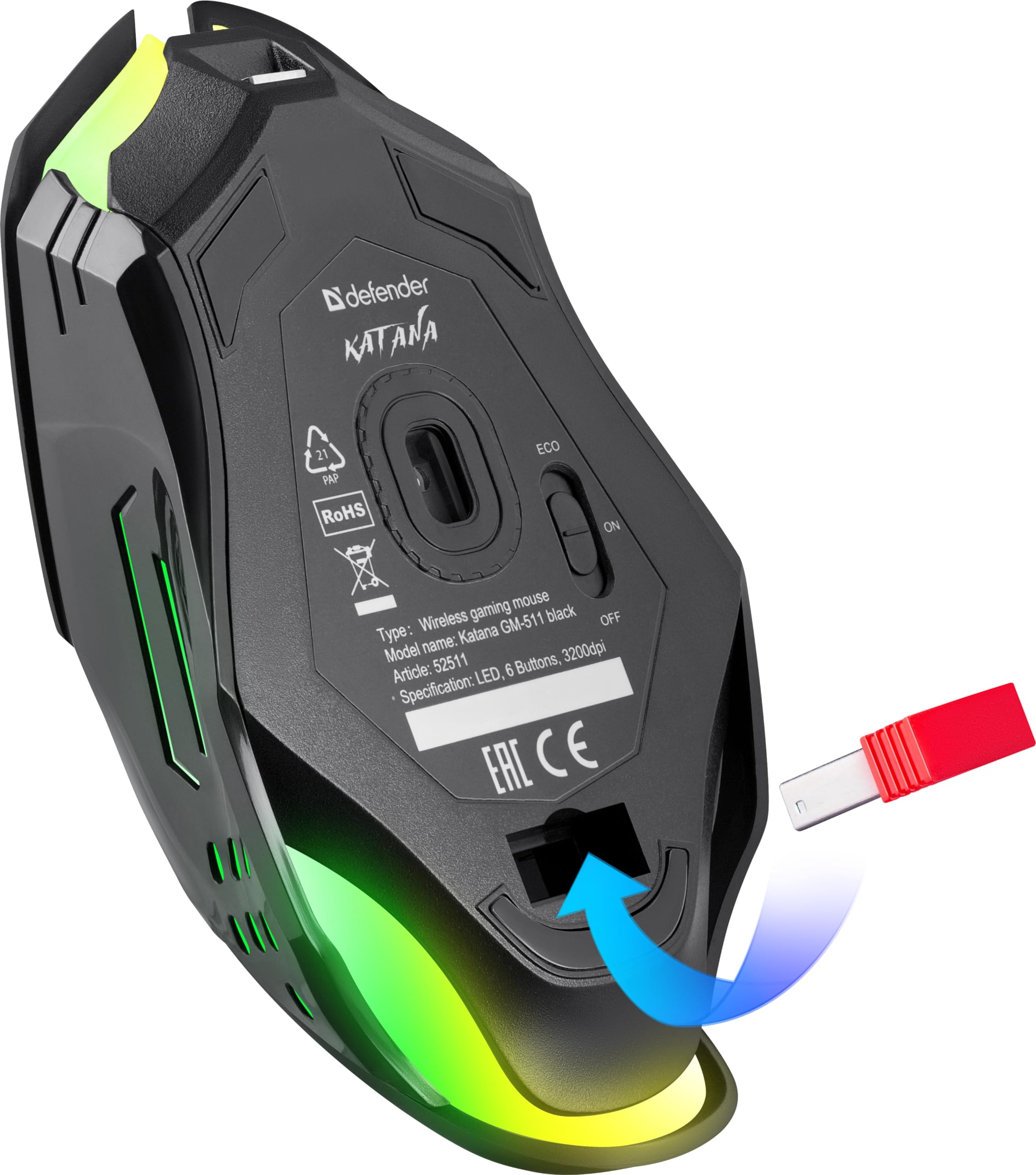Defender® Katana - Ratón inalámbrico para gaming, clics silenciosos, 5 botones programables, iluminación RGB (on/off), hasta 240 horas de duración de la batería - Ratón inalámbrico gamer para PC, Mac,