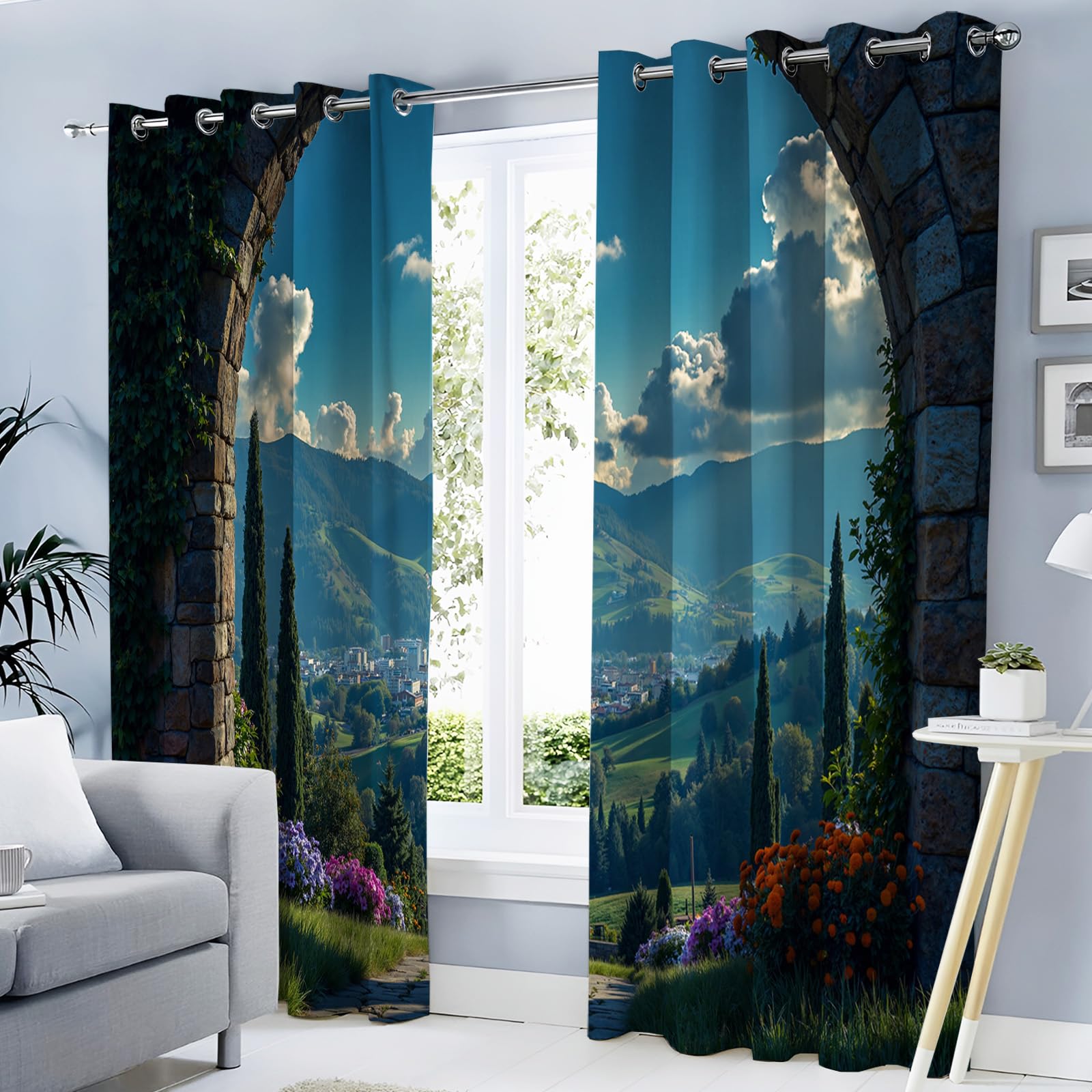 Rideaux occultants imprimés paysage romantique vert - Lot de 2 rideaux isolants 117x137 cm