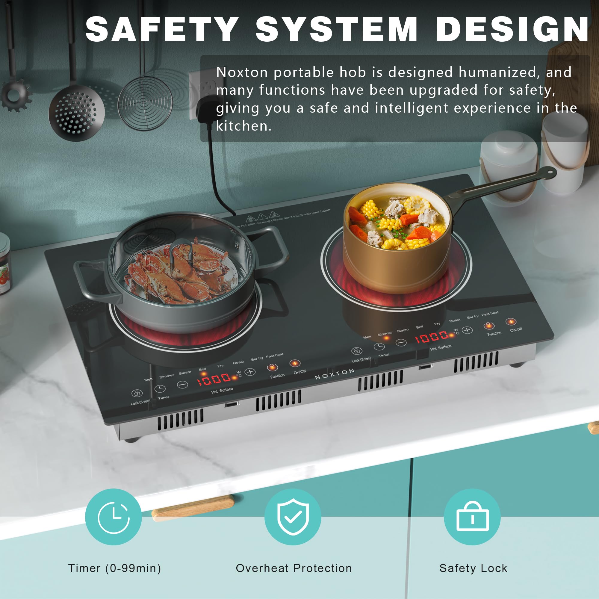 Noxton Double Ceramic Hob, Double Electric Hob Portable 30cm with 4-Hour Timer, 9 Power up to 2800W, Safety Lock, for All Type Pot — view 5