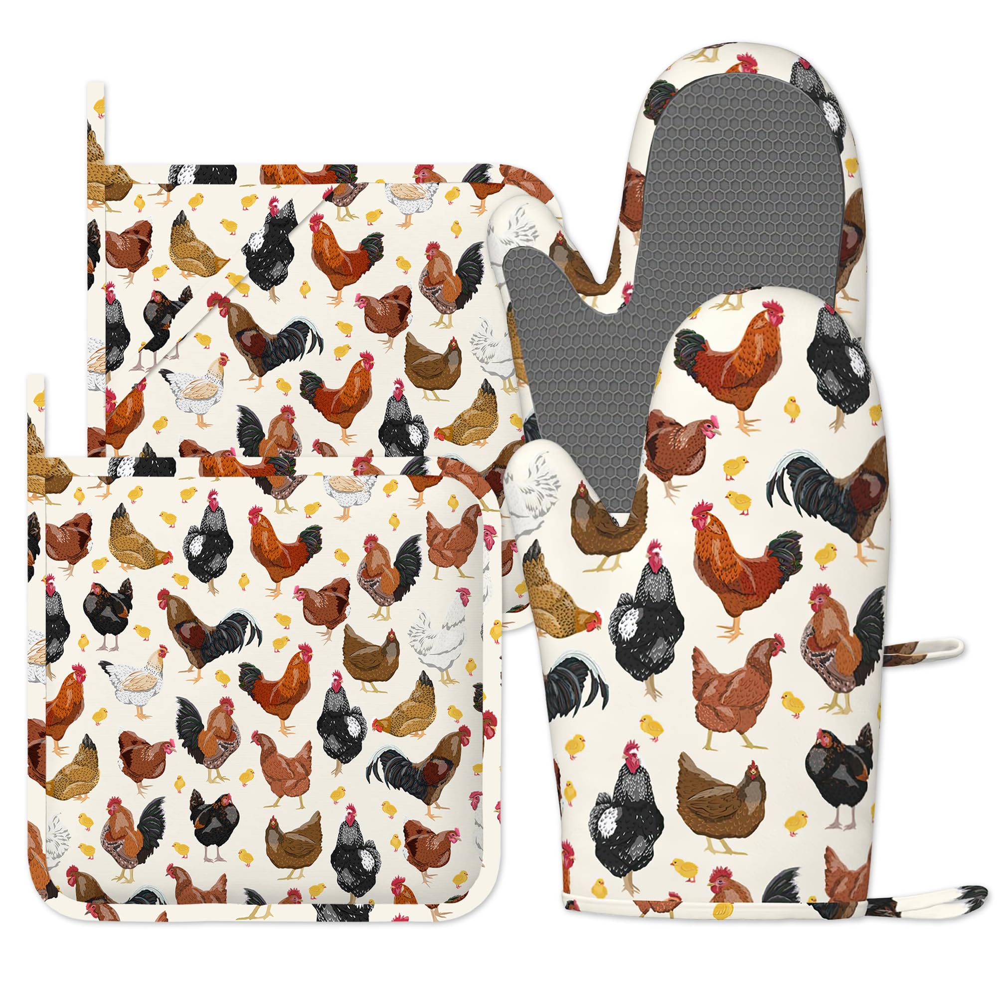 Rooster Hen Oven Gloves Heat Resistant, Oven Mitts and Pot Holder Domestic Animal Chicken Kitchen Non-Slip Silicone Cooking Microwave Gloves for Cooking Baking Grilling