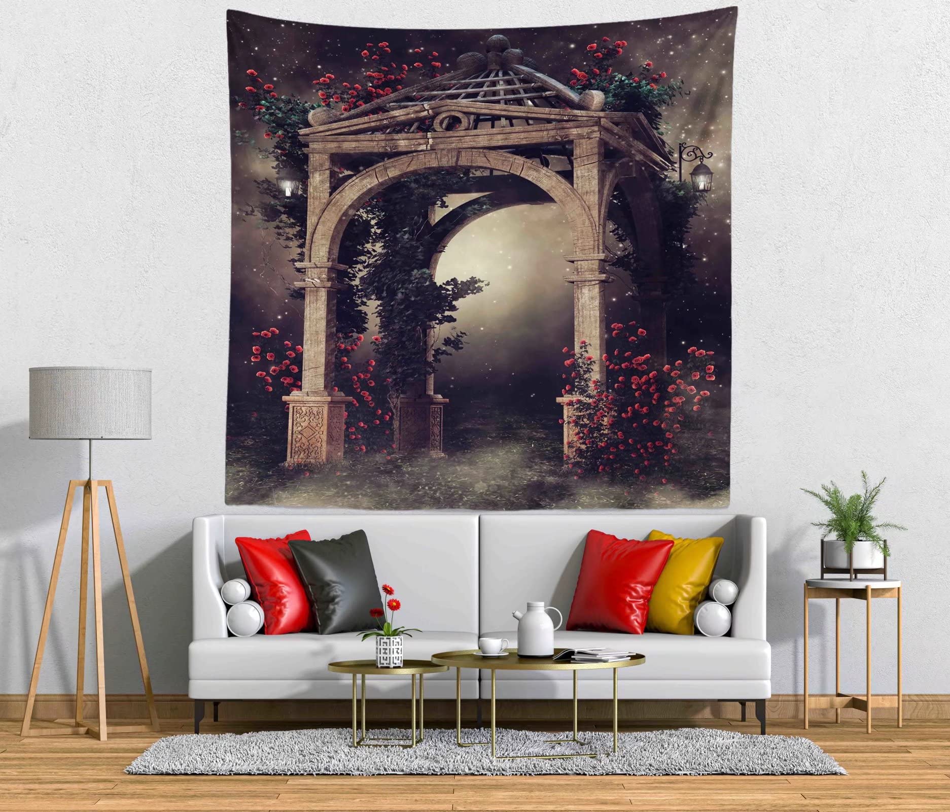 Tapisserie Murale Gothique Architecture - 150x130 Cm, Tissu Polyester, Motifs Fenêtres Gothiques Rouges, Pour Chambre Ou Salon