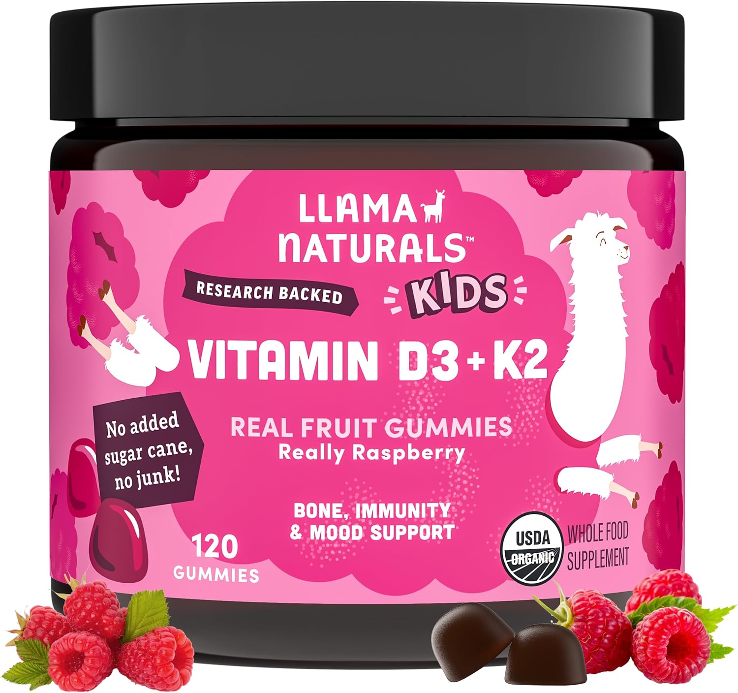 Llama Naturals Vitamin D3 K2 Gummies for Kids, Vegan, Organic, Children Toddler Vitamin D Gummies, Real Fruit Gummy Vitamins, No Added Sugar Cane, Raspberry, 120 Ct