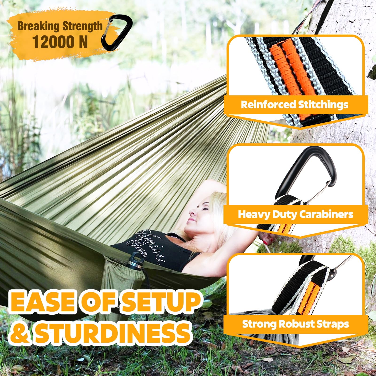 NATUREFUN Amaca da Campeggio da Viaggio Ultraleggera | capacità di Carico 300kg | (300x200 cm) Traspirante, Nylon da Paracadute | 2x Moschettoni Premium,2x Corde in Nylon Incluse | Interno Esterno