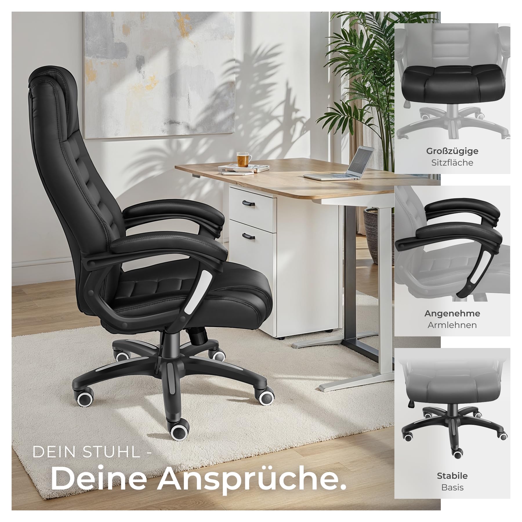 tectake® Bürostuhl, Chefsessel, Drehstuhl mit Rollen, Computerstuhl, höhenverstellbarer Schreibtischstuhl, ergonomischer Bürostuhl aus Kunstleder, Armlehnen & Wippfunktion, 12 cm Polsterung - schwarz