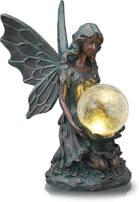 TERESA'S COLLECTIONS Kerti Tündér Szobor - 26 cm Bronz Angyalfigura Napelemes Világítással, Levehető Szárnyakkal, Műgyantából Készült Kültér