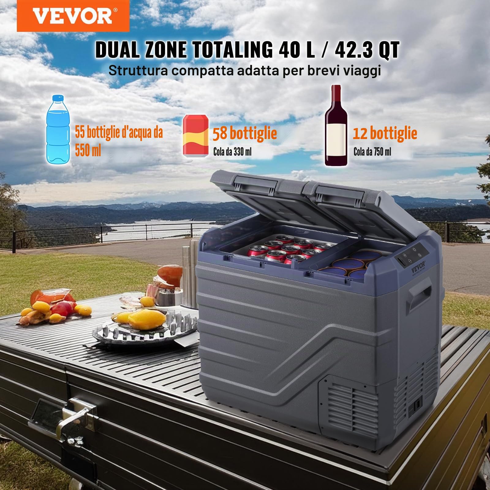VEVOR Frigorifero per Auto Congelatore Portatile Doppia Zona 40 L 12 Volt -20~20℃ Compressore 12/24V CC 100-240V CA