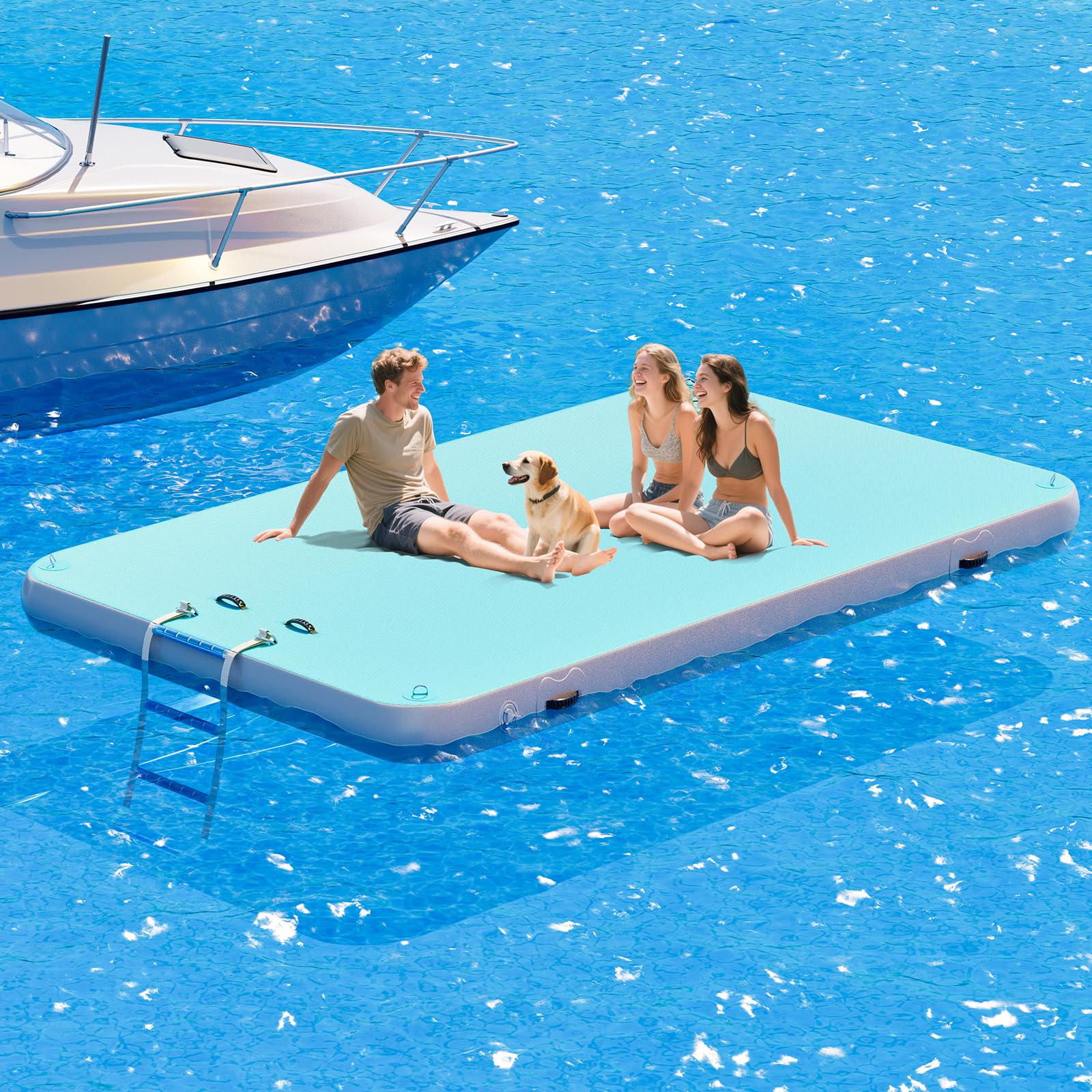 Specraft 10x6 ft Inflatable Floating Dock with Non-Slip Surface, Detachable Ladder, Multi-Person Swim Platform for Pool, Beach, Ocean, Mint Green+Gray