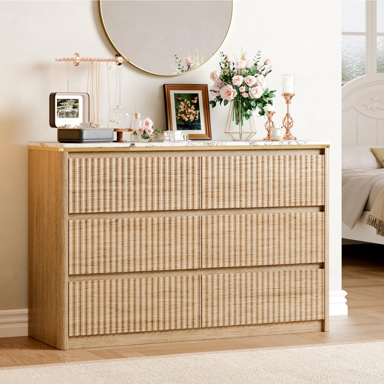 Photo 1 of Ieejdn Fluted Dresser for Bedroom with 6 Drawers, 47.2" Modern Chest of Drawers with Faux Marble Top, Curved Profile Design,Dresser TV Stand, Wood Drawer Organizer for Living Room, Hallway, Natural