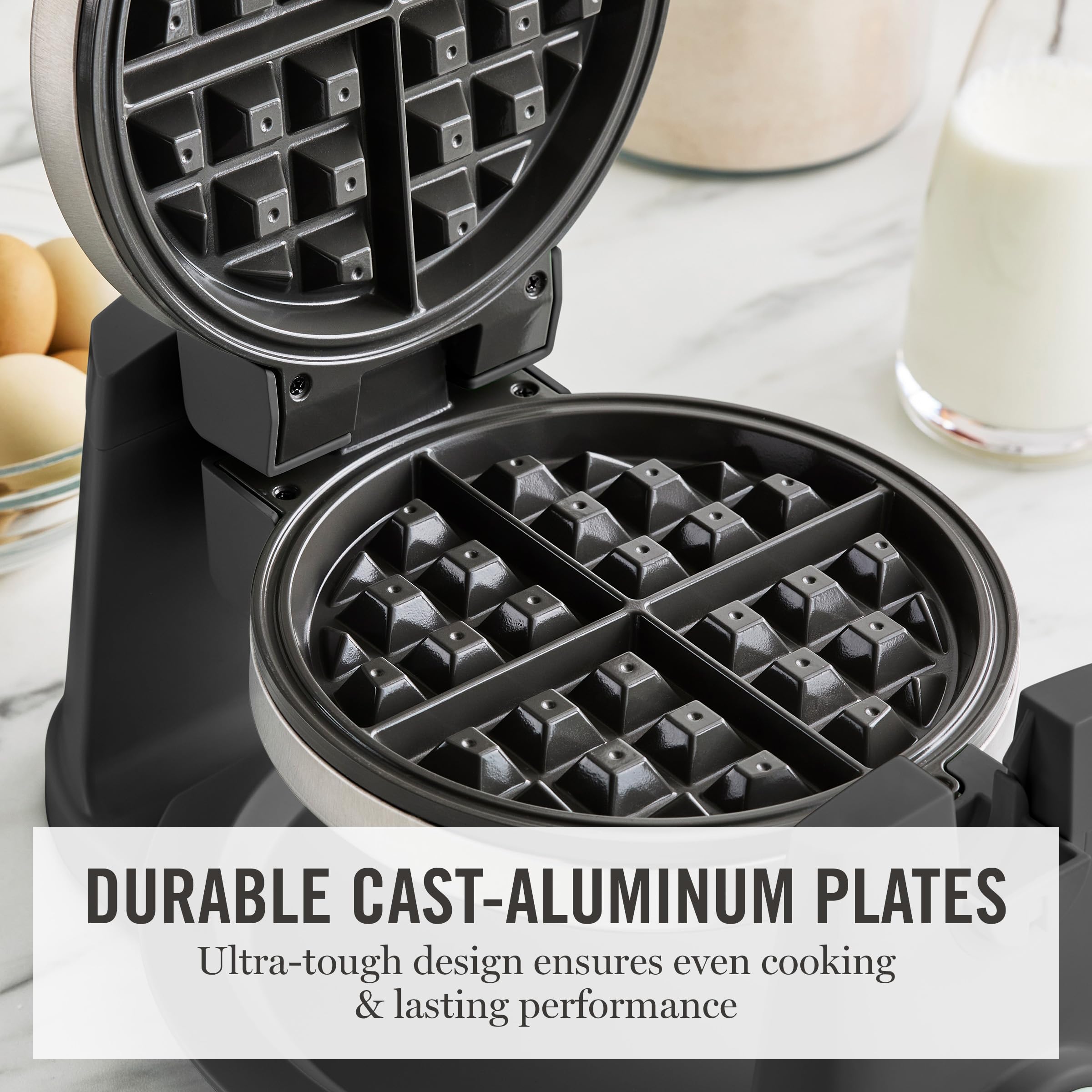 Martha Stewart Rotating Waffle Maker, 180° Flip Iron with PFAS-Free Nonstick Plates, Adjustable Timer, Ready Light, Drip Tray, Space Saving, Classic Round 7”, Easy to Clean, Stainless Steel, Caviar - 5