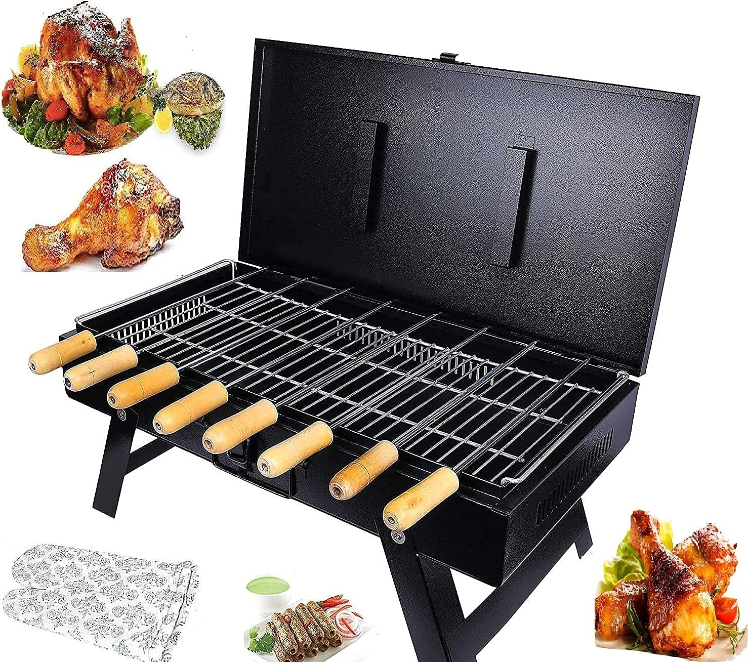 Kobbey Big Size Foldable Briefcase Barbeque Grill set For Outdoor & Home with 8 skewers & 3 Assessories…