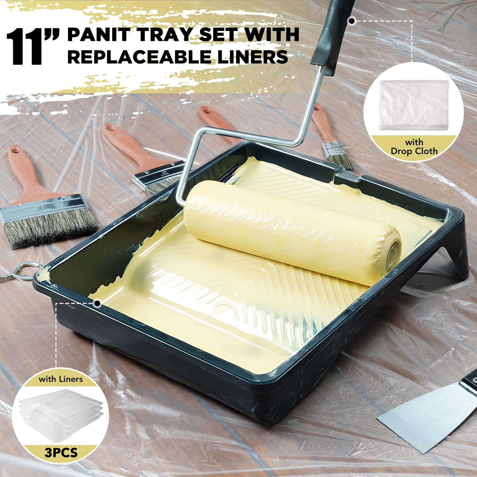 Kit de 33 rodillos de pintura con poste de extensión de 4 secciones, bandejas de rodillos de 9 pulgadas, asas resistentes, rodillos de pintura de microfibra, pinceles, paño de caída, herramientas de