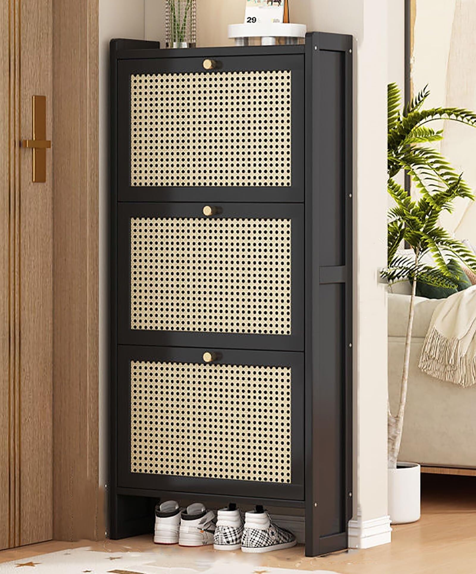 Slim Shoe Cabinet - Freestanding Shoe with 3 Flip Drawers Narrow Storage Rack for Entryway or Living Room Stylish Black Design (50 * 121cm/19.7 * 47.6in)
