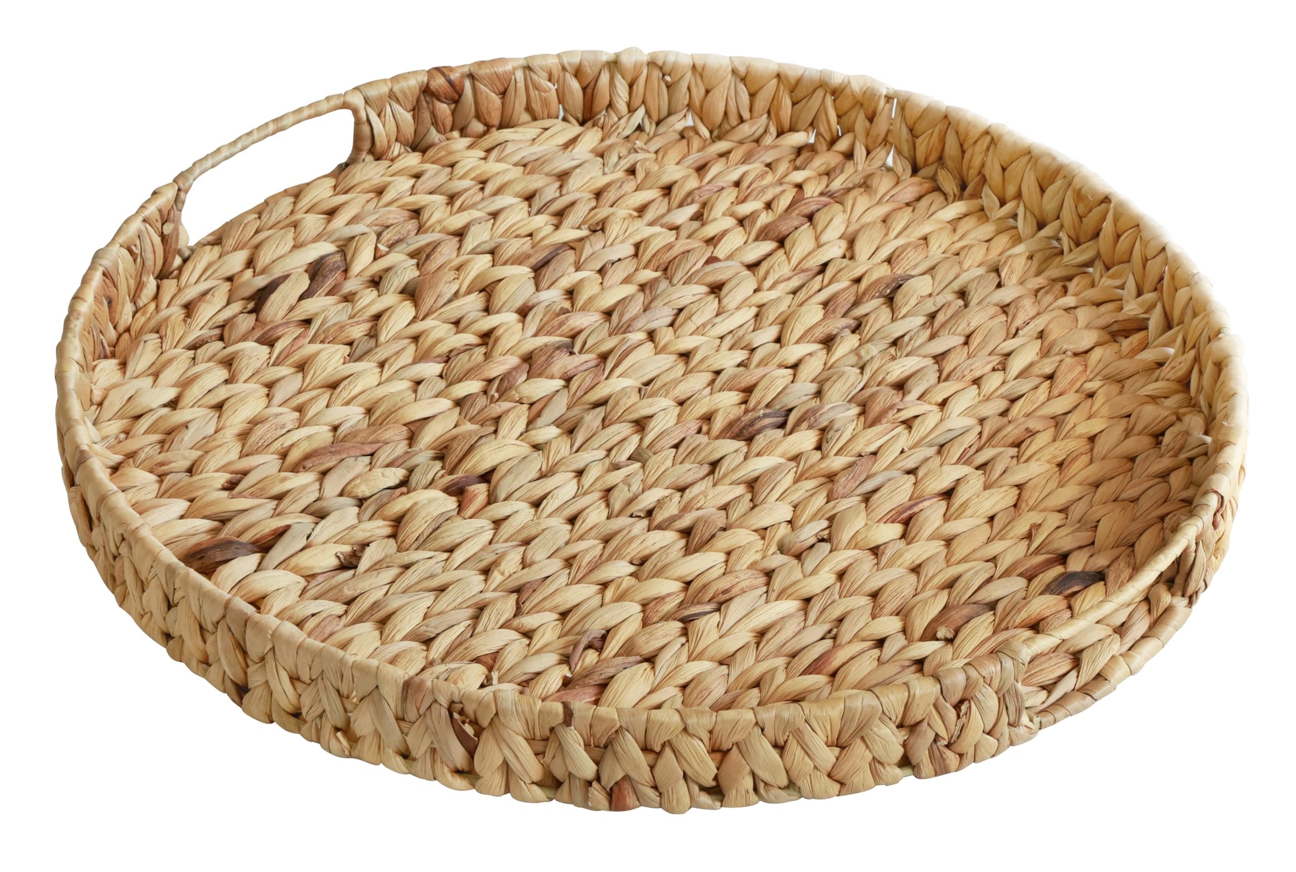 Round Ottoman Table Tray 19.7" with Handles - Water Hyacinth Wicker Serving Tray for Farmhouse Decorative Oversized Coffee Table Trays Living Room Kitchen Counter Breakfast (Flush Edge)