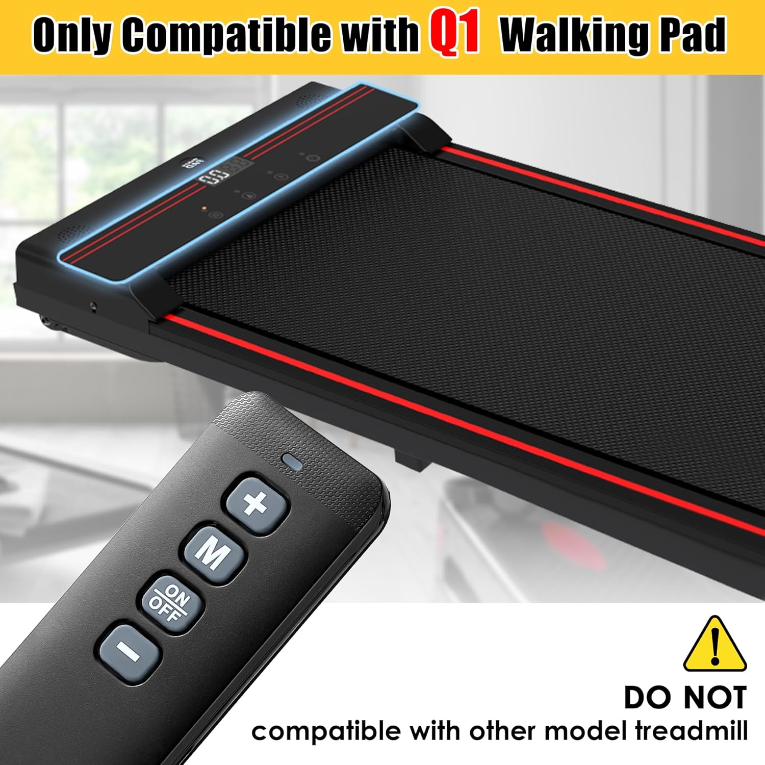 Saillong remote control next to a Walking Pad Q1 treadmill, highlighting compatibility.