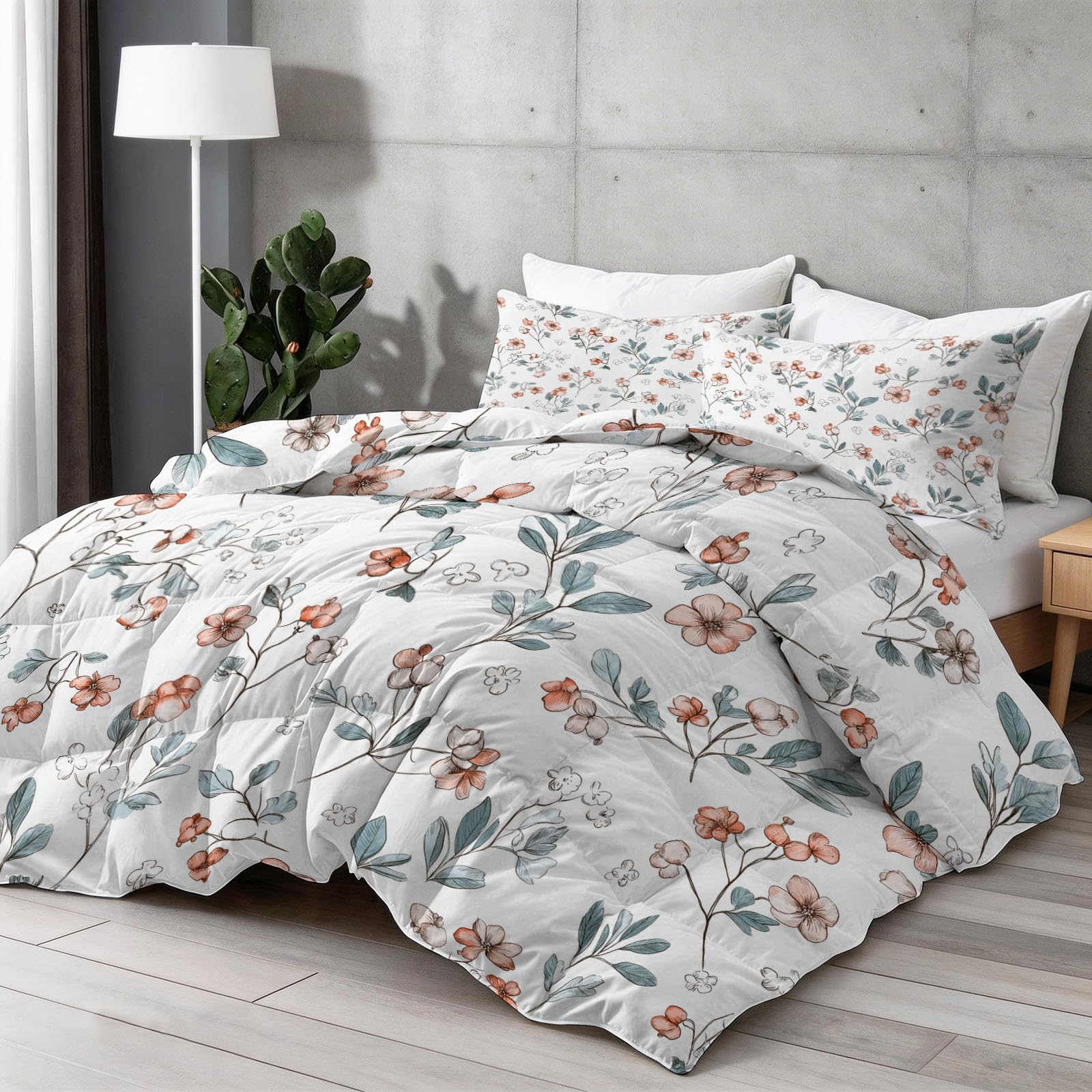 Bettdecke 135 x 200 cm 4 Jahreszeiten, Einfache Pflanzen Beeren Blumen Warm Weiche Steppdecke mit 2 Kissenbezügen, Creme Waschbare Kinder Schlafzimmer Wende Ganzjahresdecke ohne Bezug