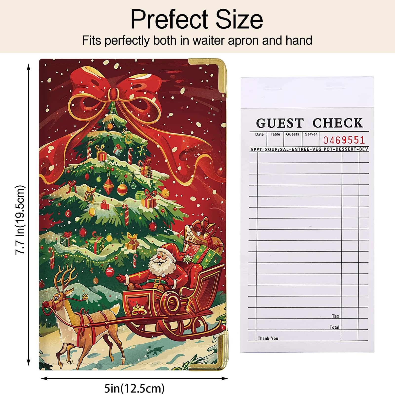 Tucocoo Server Book, Christmas Scene Waitress Book, Bow Tree Server Books for Waitress Cute Waiter Book with Zipper Pocket, Leather Serving Book Server Notepad Waitress Accessories Fit Server Apron