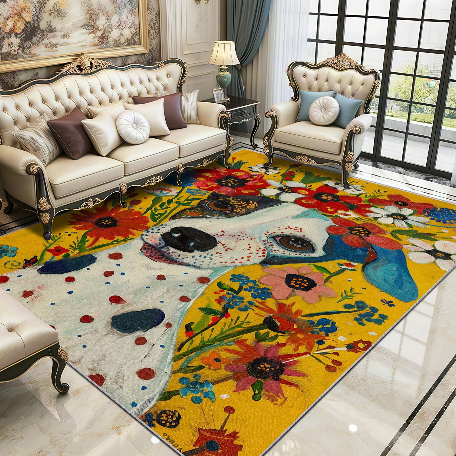 TerroVee Dog Rug - Colorful Bohemian Puppy Flower Small Rugs for Bedroom 40x60, Bright Pet Painting Artistic Floor Mat Soft Washable Non Slip Indoor Mats, Dog Home Decor