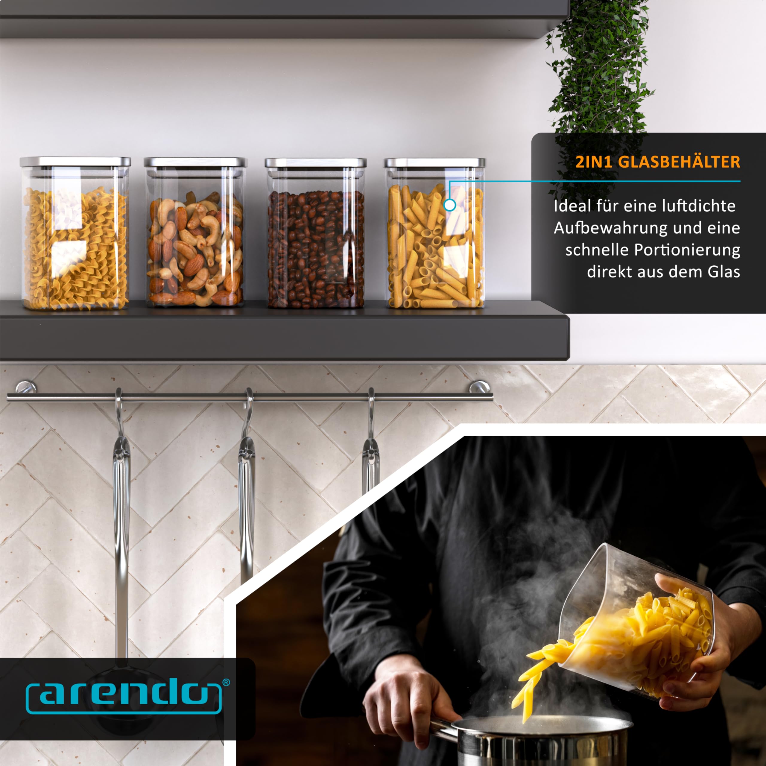 Arendo - Vorratsgläser 1200ml mit Deckel Edelstahl - 8er Set - Behälter aus Glas – hitzebeständig – Vorratsdosen/Vorratsbehälter mit Edelstahl Deckel - luftdicht - für Müsli Zucker Mehl Kaffee