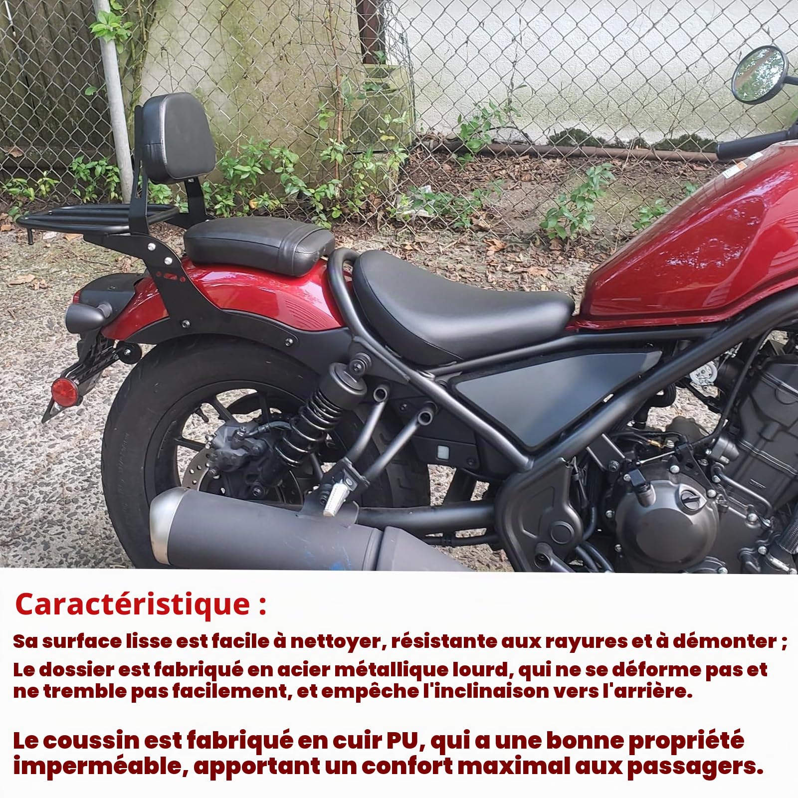 Worldmotop Sissy Bar Dossier de rechange pour siège passager arrière de moto pour Honda CMX 500 Rebel CMX 300 CMX500 2017-2023 - Coussin de dossier amovible (A)