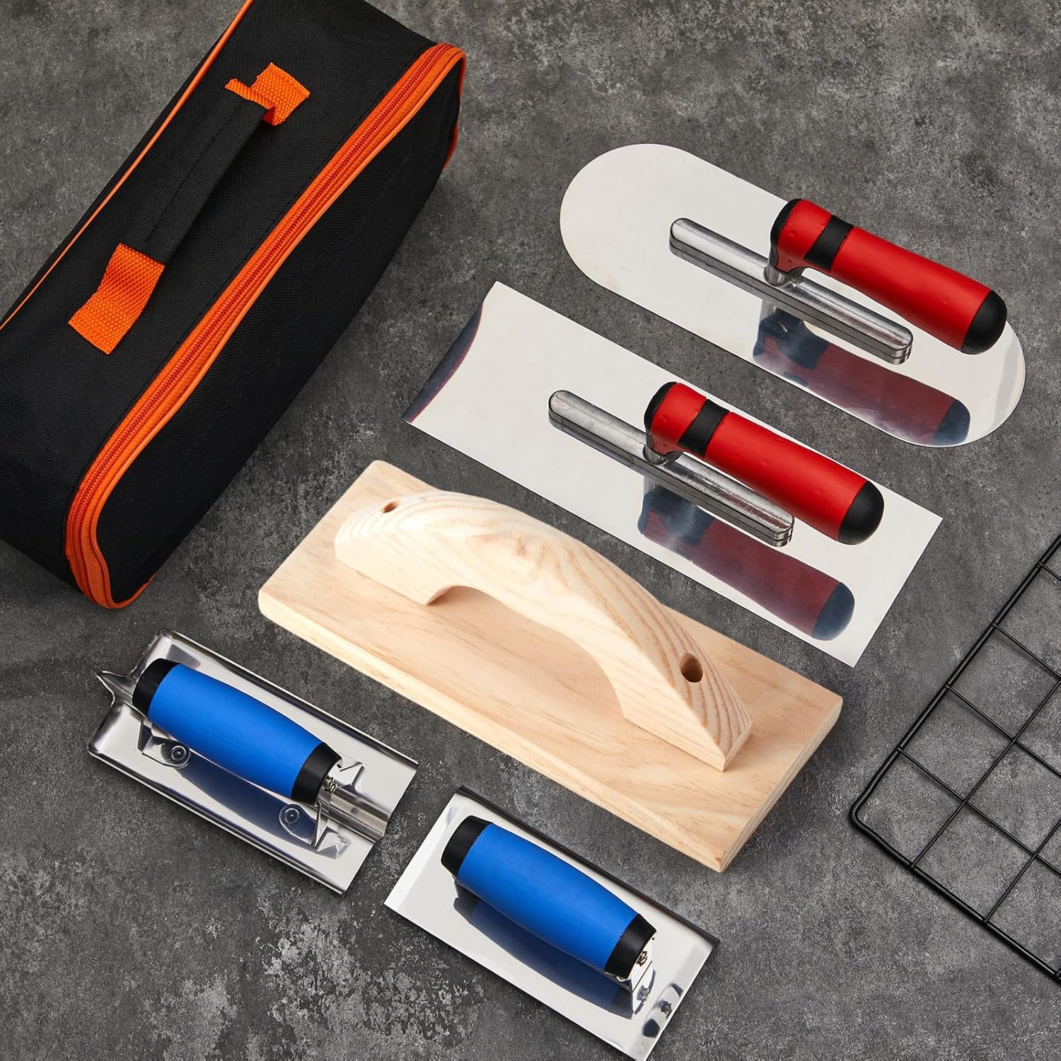 MorningRo 6pcs Concrete Hand Tools Set Masonry Tools Includes Stainless Steel Concrete Hand Edger, Groover, Wood Float, Finishing Trowel, Pool Trowel and Tool Bag for Cement Beginner Kit