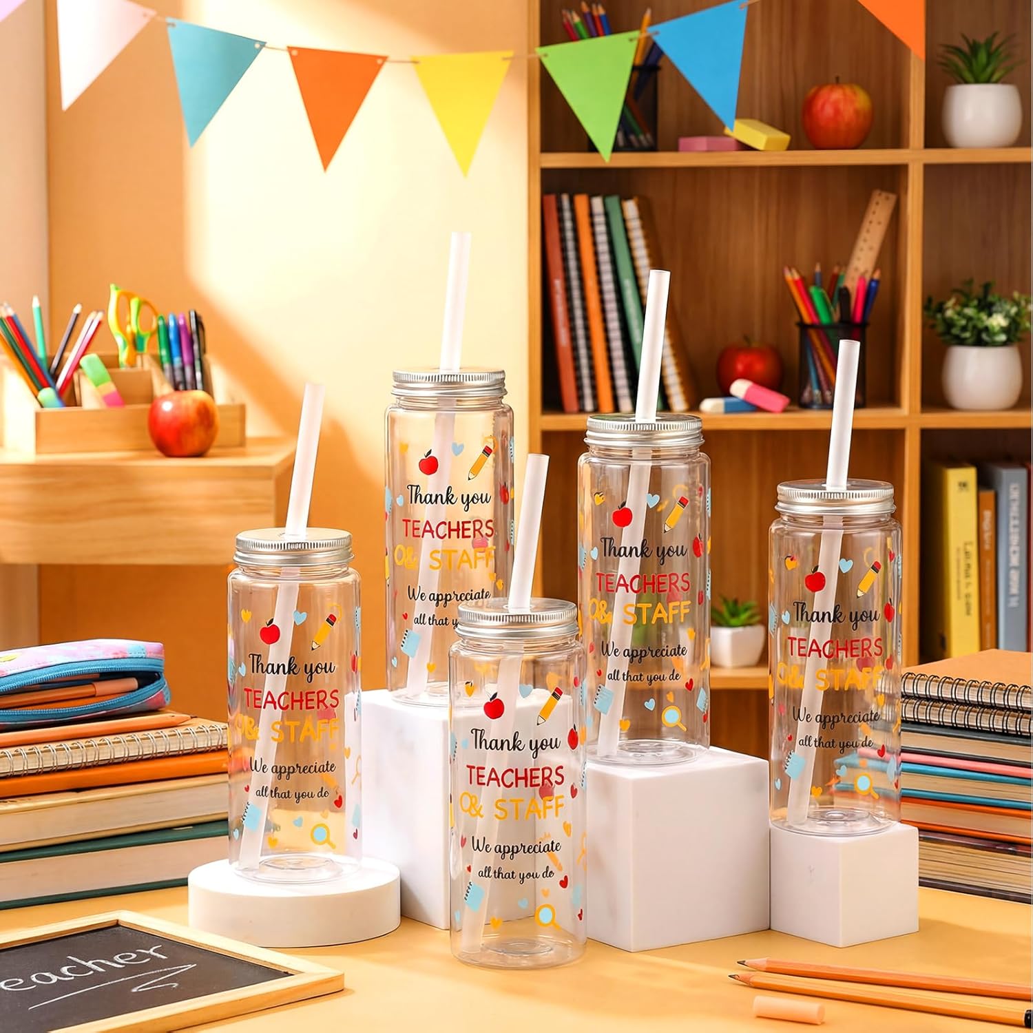 Skylety 24 Pack Teacher and Staff Appreciation Cup Gift Bulk Teacher Appreciation Week School Party Favors Plastic Tumbler with Lids and Straws We Appreciate All That You Do Gift for Party Supplies