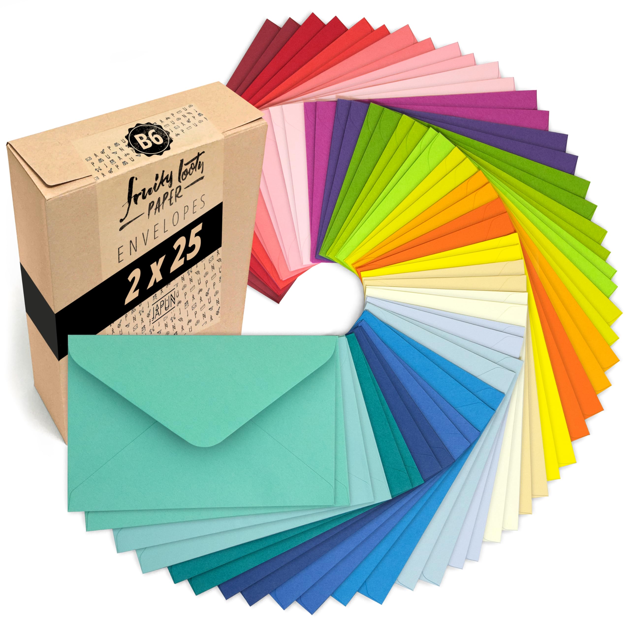 Japun - Juego de 50 sobres de colores (2 x 25 colores) de papel, sobre sin ventana - DIN B6-175 x 125 mm - 120 g/m² - colorido