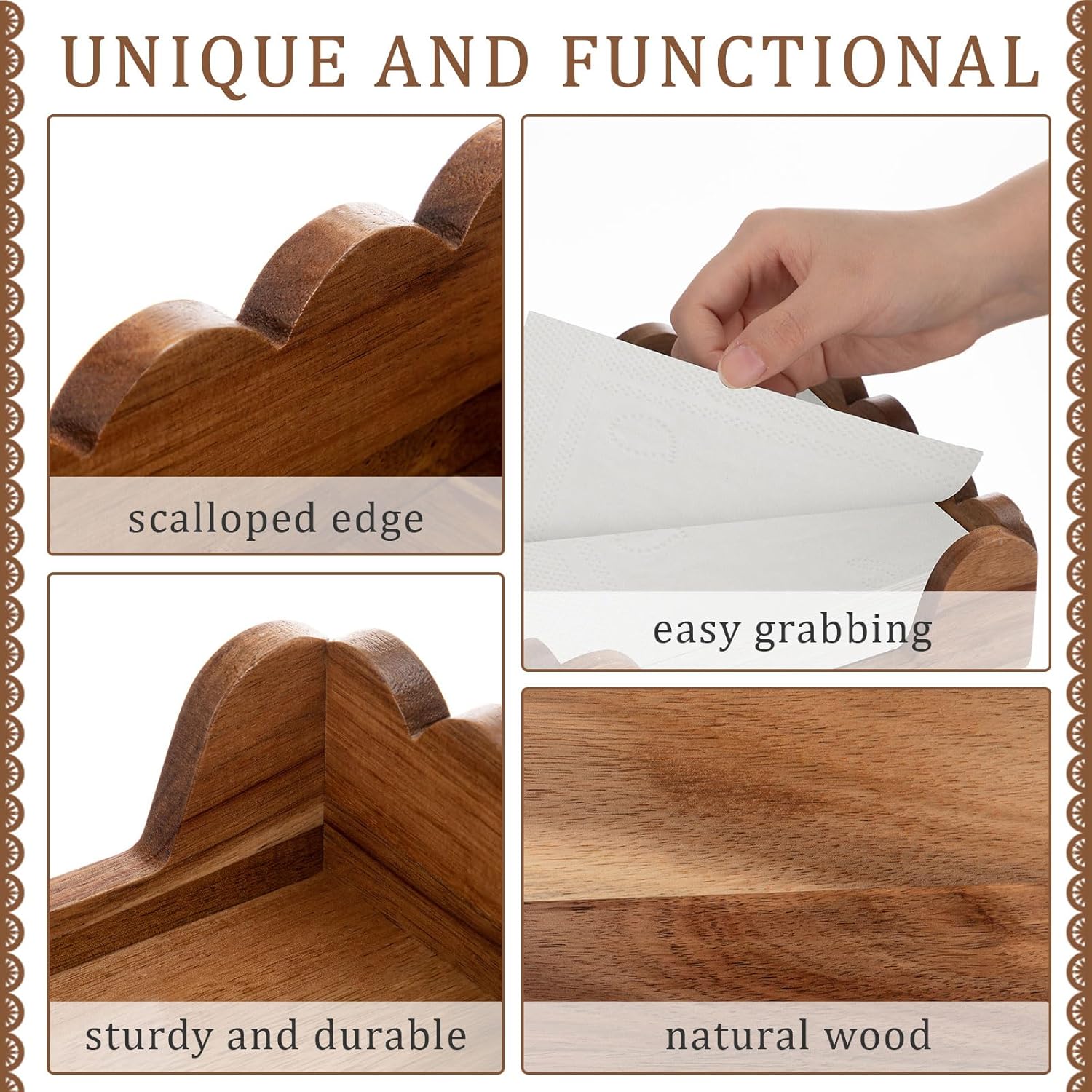 AceOrbit Scalloped Guest Napkin Holder Wooden Guest Towel Holder Tray for Bathroom Disposable Hand Towel Tray for Kitchen Weddings Hotels (Square)