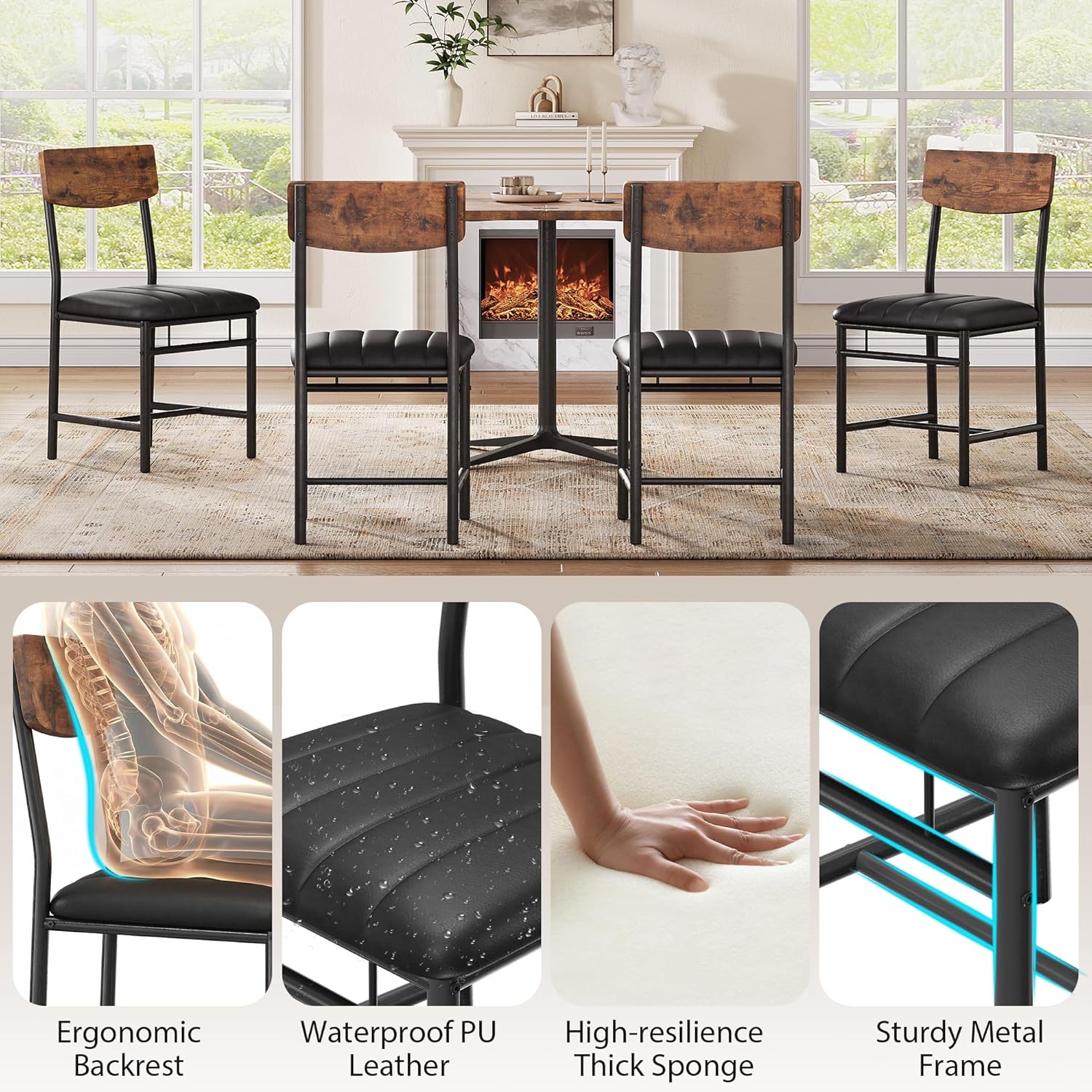 Jocoevol Industrial Dining Chairs Set of 6 - Upholstered Dining Room Chairs with PU Leather, Kitchen Chairs with Wooden Backrest and Thickened Metal Legs, for Dining Room, Living Room (6, Vintage)