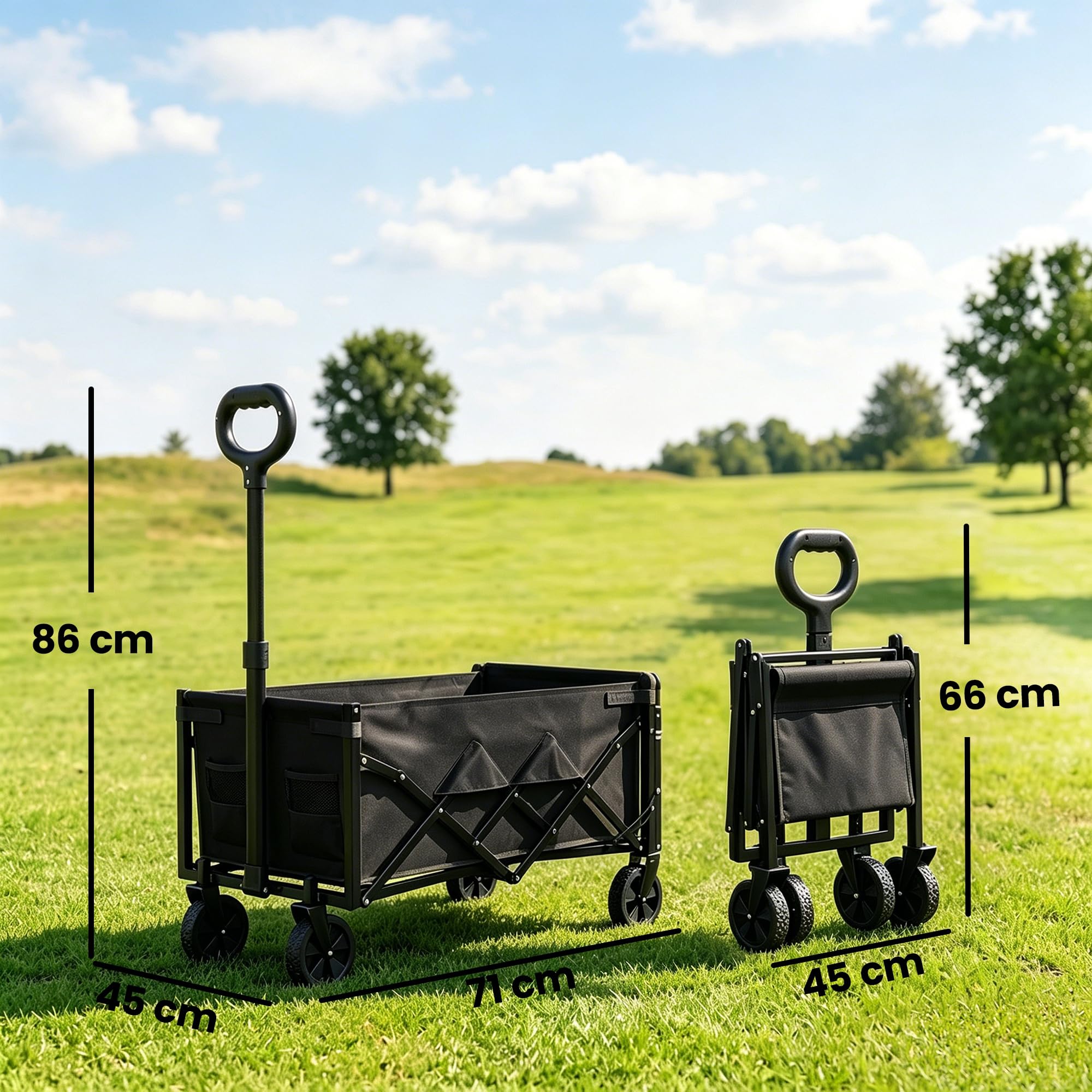 Outsunny Carrello da Giardino Pieghevole 60L, Carrello da Campeggio Portatile con Porta Frontale Apribile, Manico Regolabile e Supporto per Bicchieri, Ideale per Picnic, Pesca e Giardino, Nero