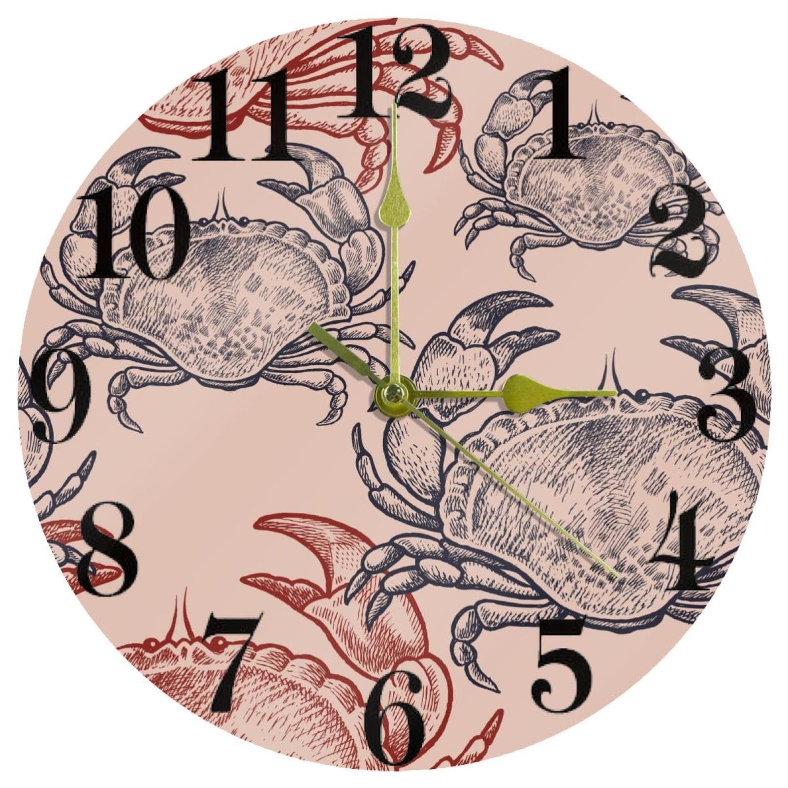 Horloge murale silencieuse à quartz avec crabes colorés pour cuisine et bureau