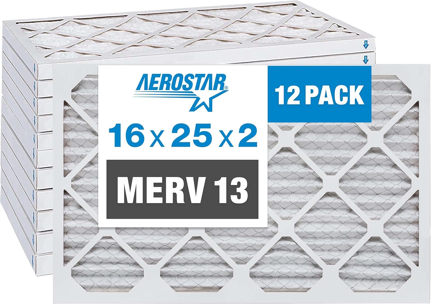 Aerostar 16x25x2 MERV 13 Pleated Air Filter, AC Furnace Air Filter, 12 Pack (Actual