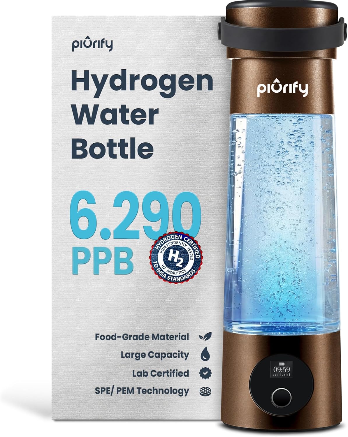 Hydrogen Water Bottle Generator | 17 OZ | UP to 6,290 PPB H2 Molecular Hydrogen | SPE/PEM Electrolysis | Ergonomic Handle | Dual-Mode | 2200 mAh Battery | Certified by H2 Analytics | Brown