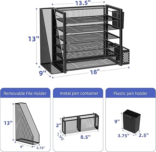 Miniatura 3 de Simple Trending  Organizador de archivos de escritorio de 6 niveles, bandejas para papel tamaño carta con portalápices y canasta colgante de metal,